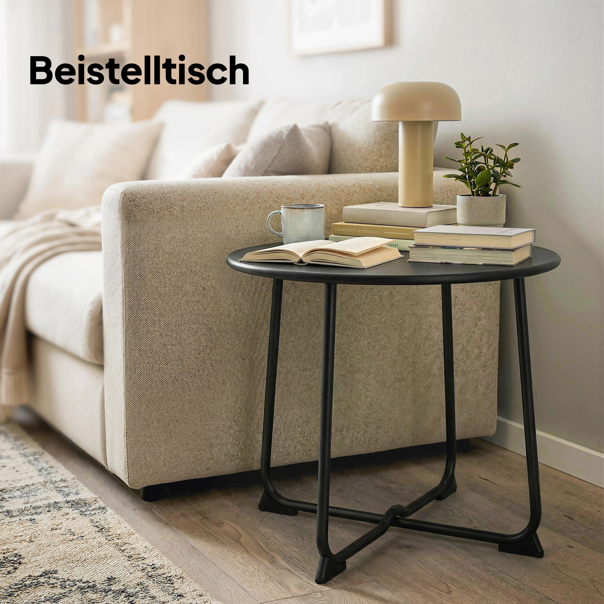 50cm runder Outdoor-Tisch, Metall Gartencouchtisch mit X-förmigem Gestell und rutschfesten Füßen, Schwarz