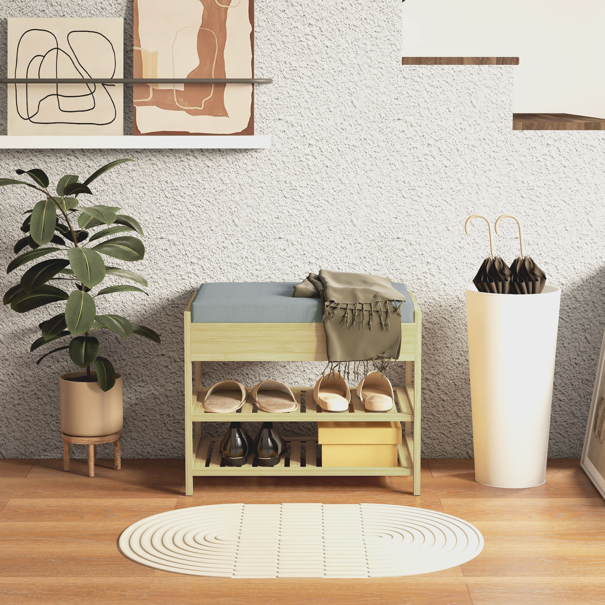 Schubank Schuhregal, 2 Ablagen, Sitzpolster, Bambus, 55 cm x 35 cm x 46 cm, Grau + Natur