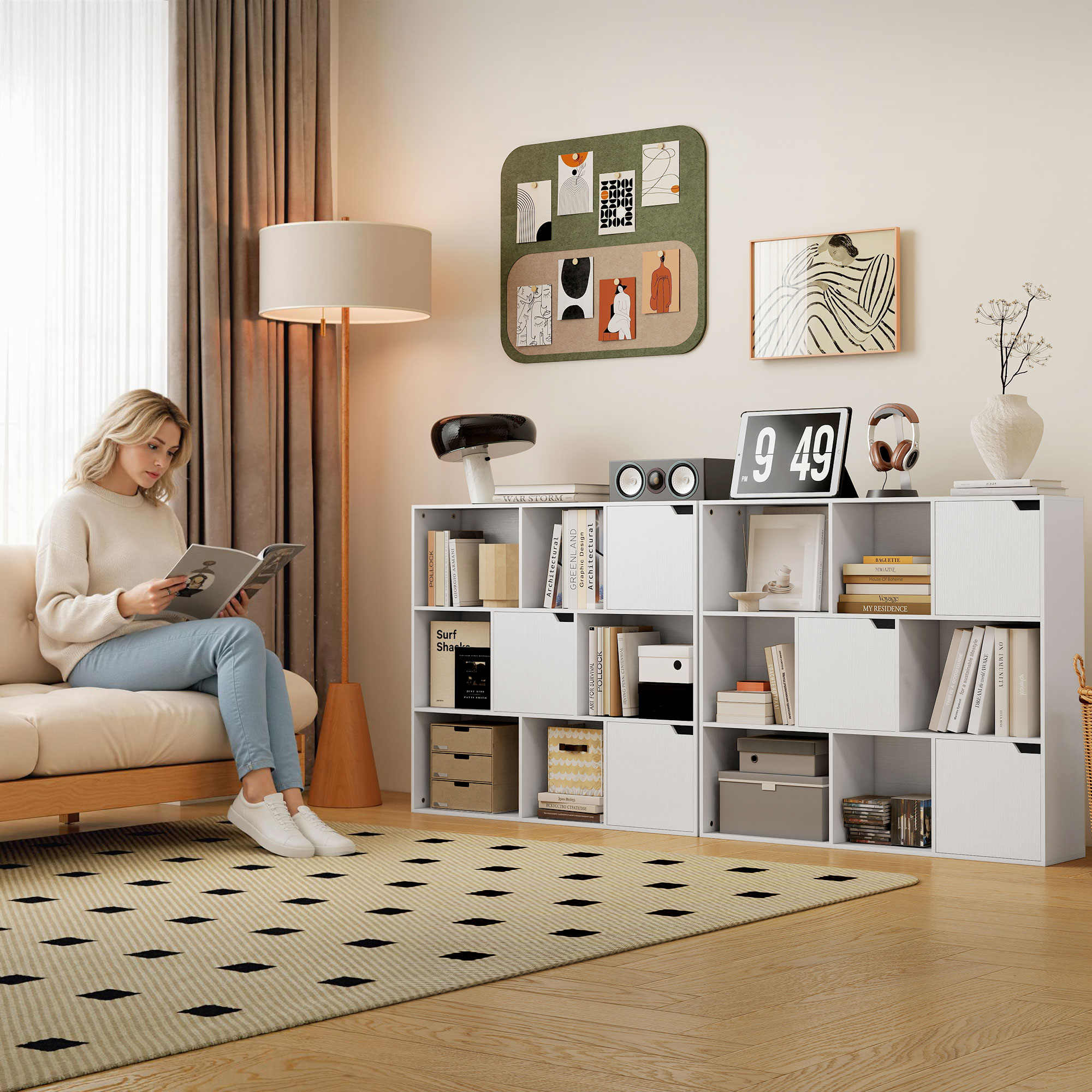 Bücherregal, 9 Würfelfächer, 3 Türen, 6 offene Regale, für Wohnzimmer, Schlafzimmer, Spanplatte, Weiß
