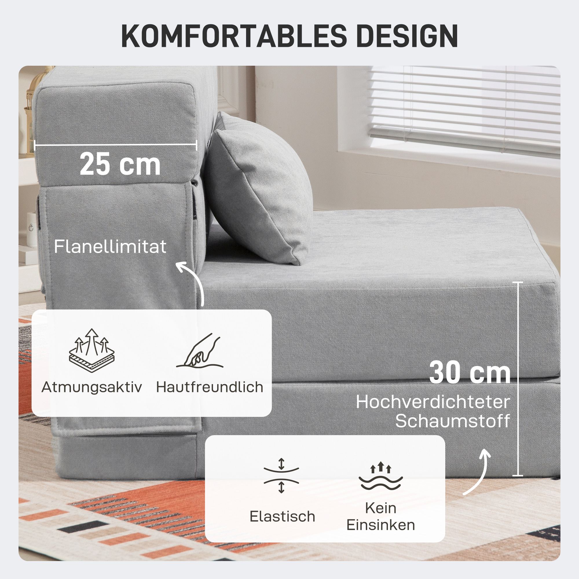 Bodensofa, Polstercouch, in Matratze umwandelbar, Schaumstoff, Kissen, Hellgrau