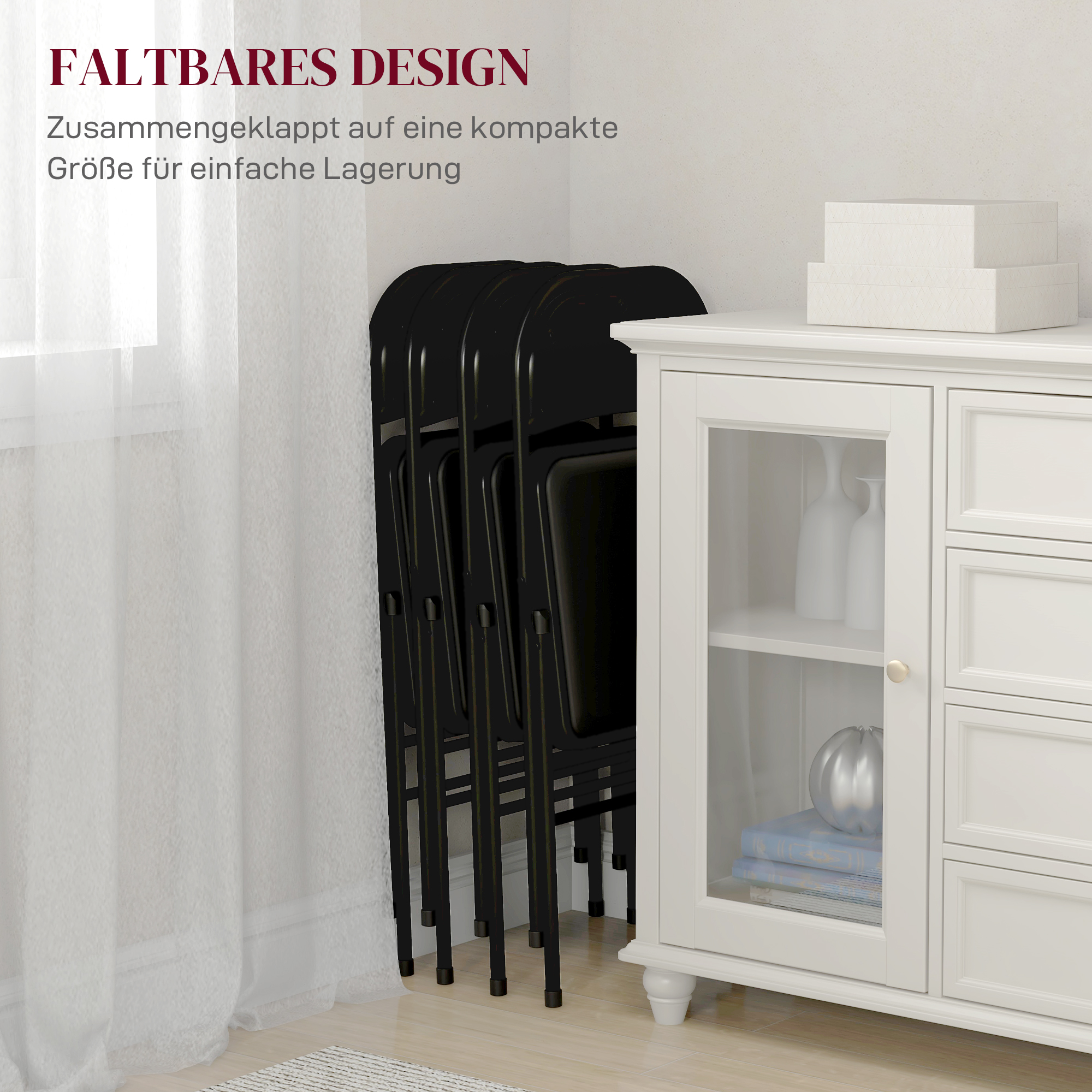 4er-Set Klappstühle, Tragbare Bürostühle, Metallbeine, Faltstuhl für Büro, Empfang, Wartezimmer, Kunstleder, Schwarz