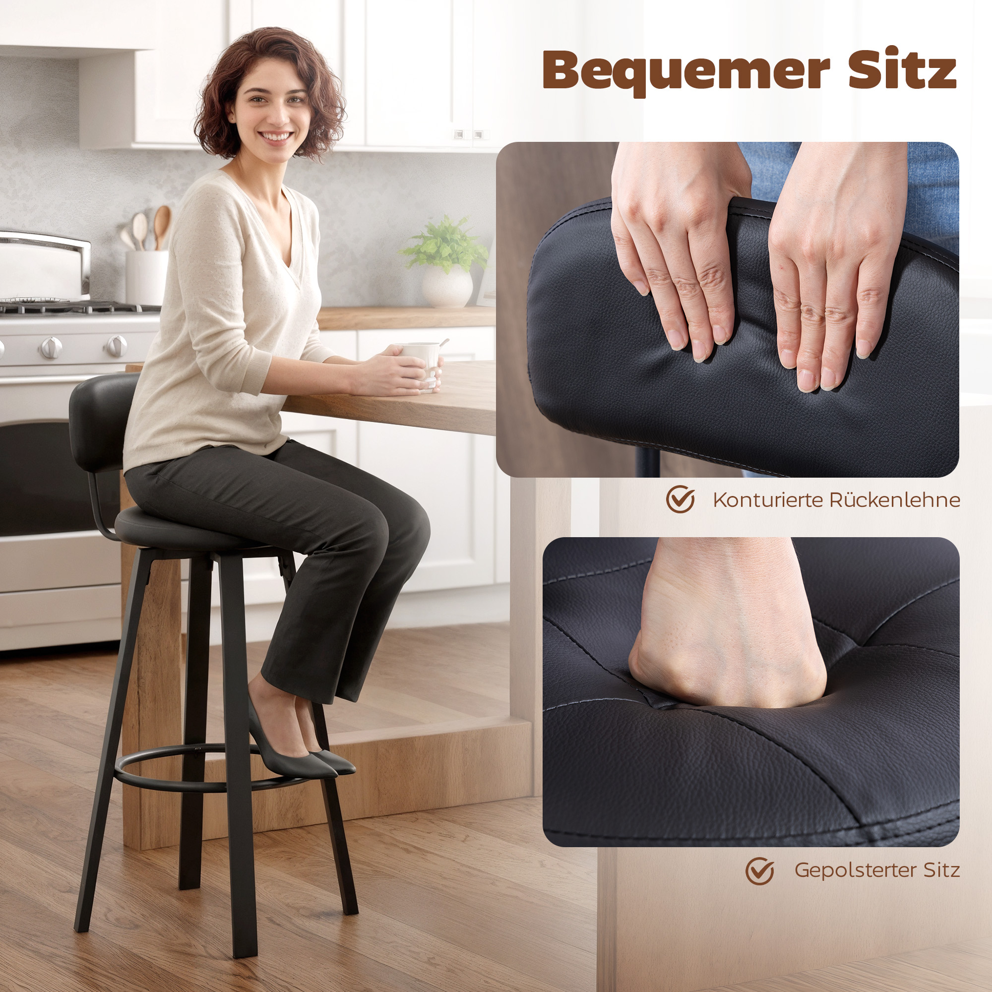 2er-Set Barhocker, Kunstleder-Bezug, gepolsterter Sitz, Fußstütze, Rückenlehne, Metallrahmen, Schwarz