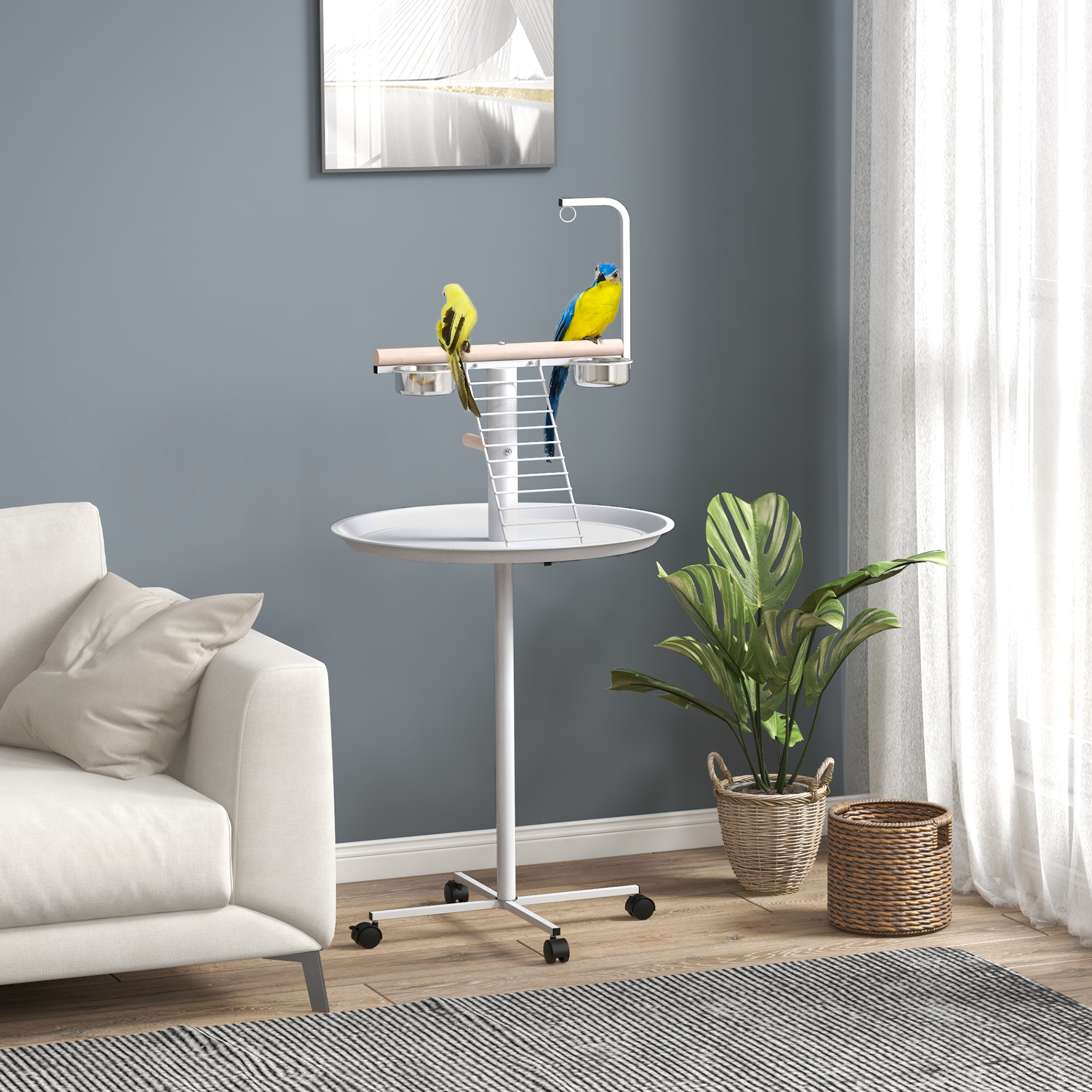 Anflugstange Freisitz für Papageien Sitzstange, 1 Leiter, 1 Schaukel, Futternäpfe, 60 x 60 x 138 cm, Weiß + Natur