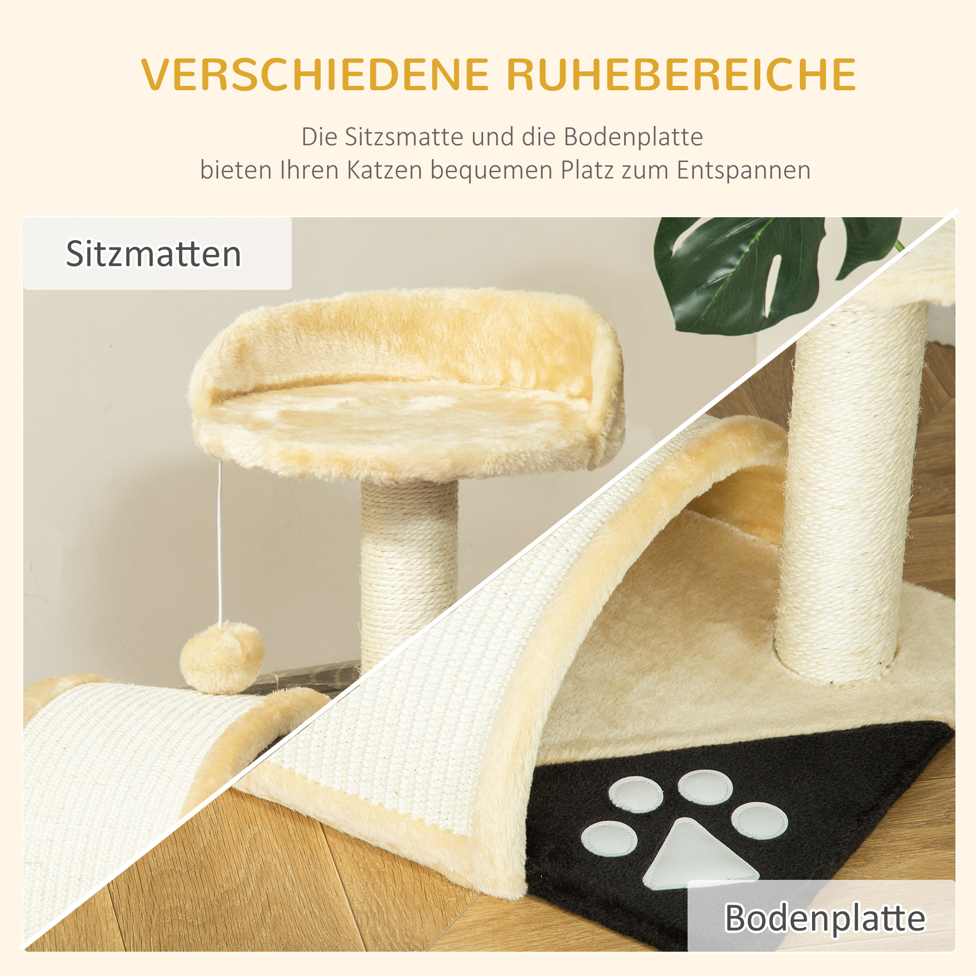 Kratzbaum Katzenbaum mit Spielbällen Katzenkratzbaum Sisalseil-Kratzstangen Beige 35,5 x 37 x 46 cm
