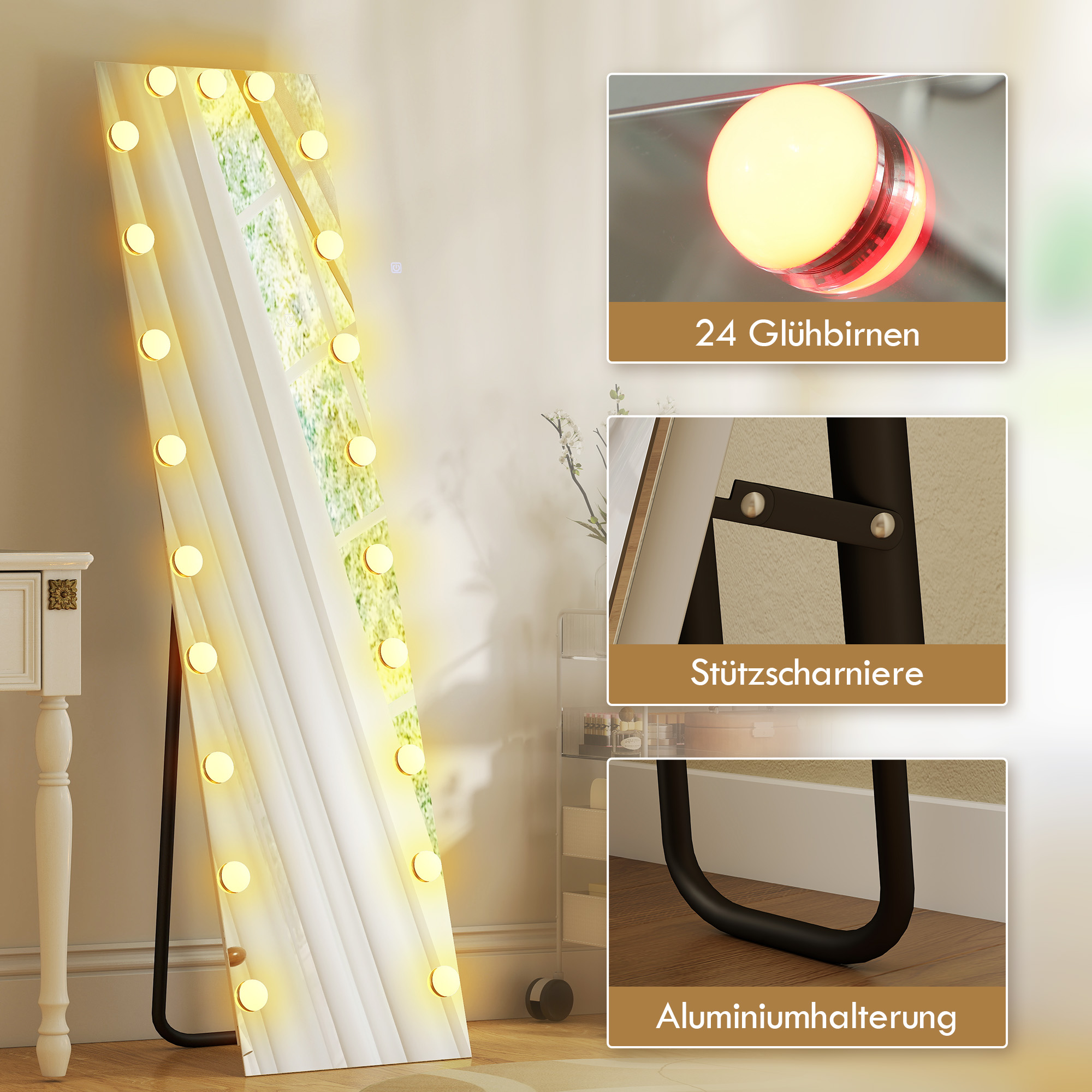 Ganzkörperspiegel 150x40 cm RGB-LED Standspiegel mit 21 Glühbirnen 7 Lichtfarbe Touch-Schalter Memory-Funktion