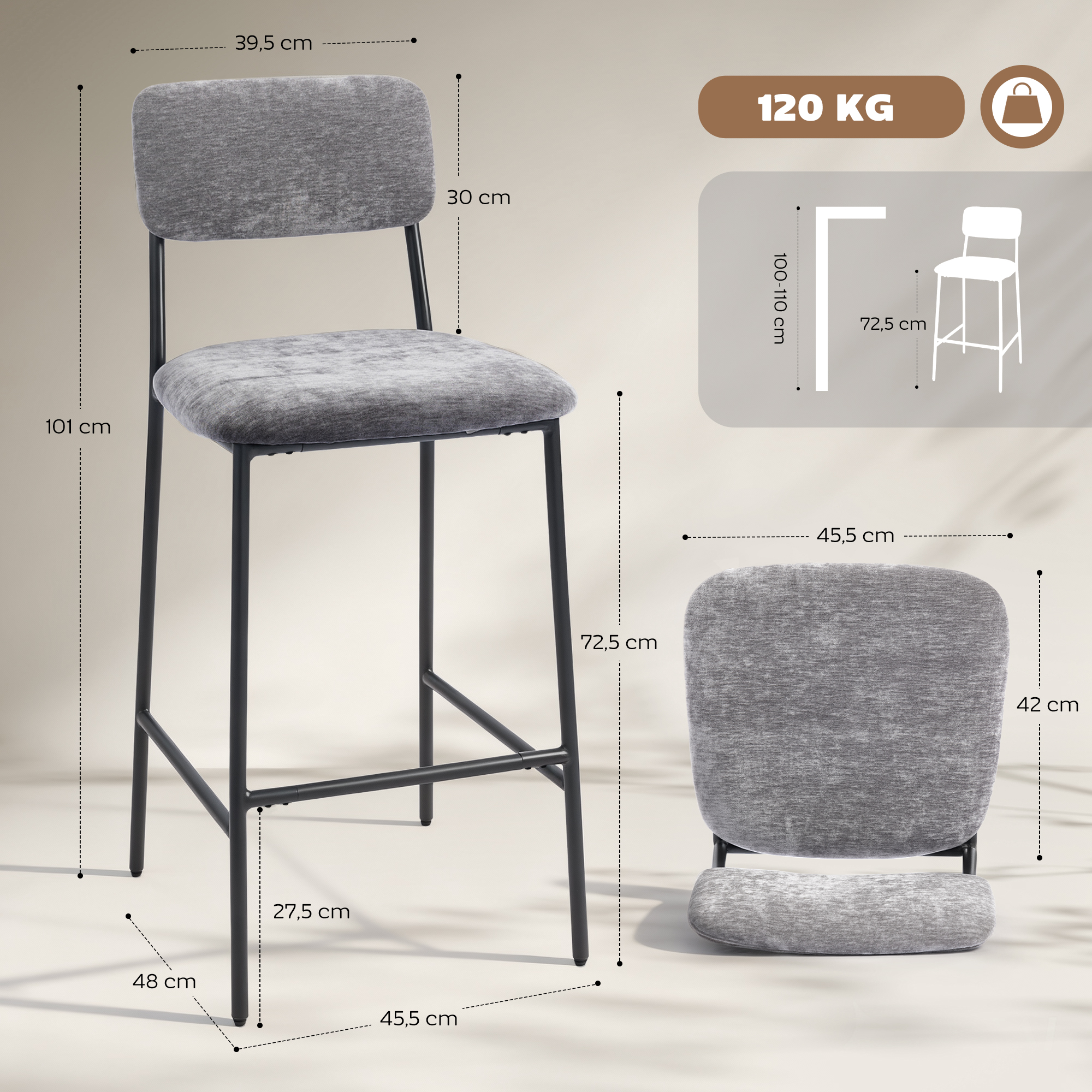 2er-Set Barstühle, gepolsterte Hochstühle für Küchentheke, Hausbar, Rückenlehne, Fußstütze, Stoffbezug, Stahl, Grau