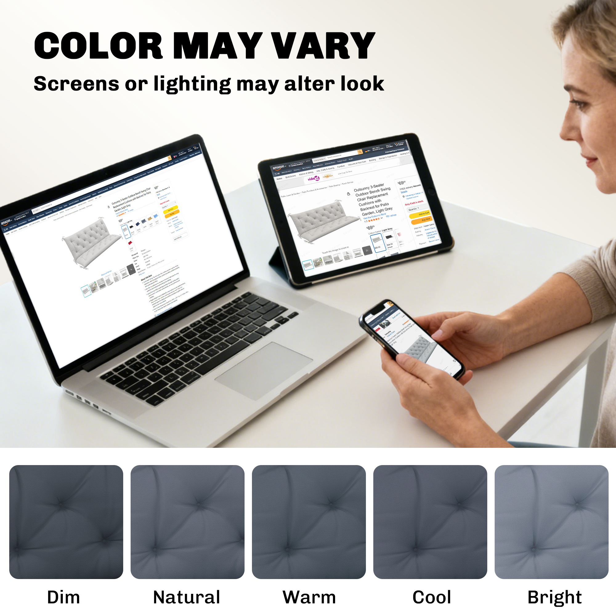 3 Sitzer Bankauflage 150 x 98 x 8 cm Sitzkissen mit Bändern Rückenkissen für Indoor/Outdoor Polster Auflage für Sitzbank Gartenbank Gartenmöbel Hollywoodschaukeln Dunkelgrau