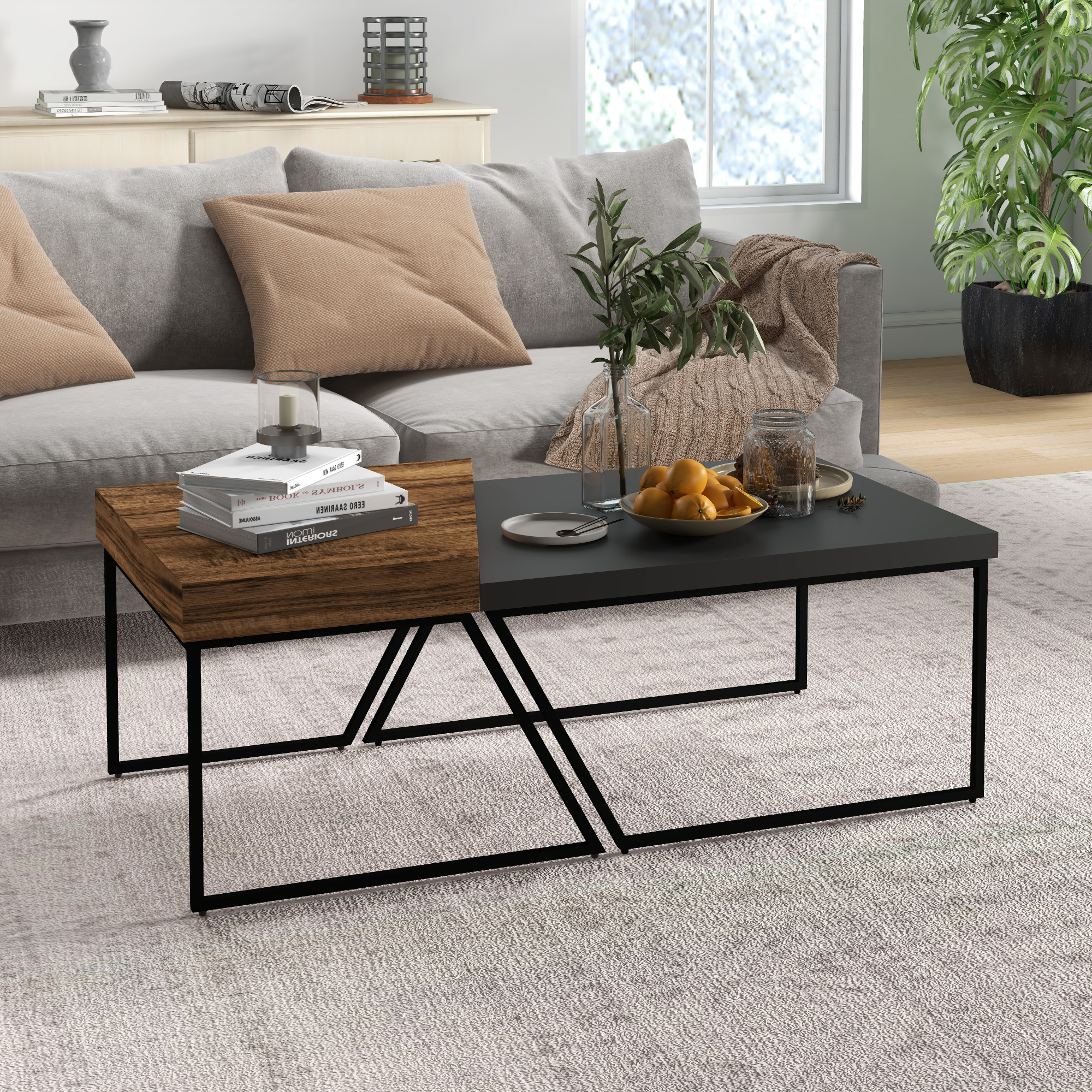 Couchtisch-Set, 2 Beistelltische, Industrial Design, Stahlrahmen, Holz/Schwarz