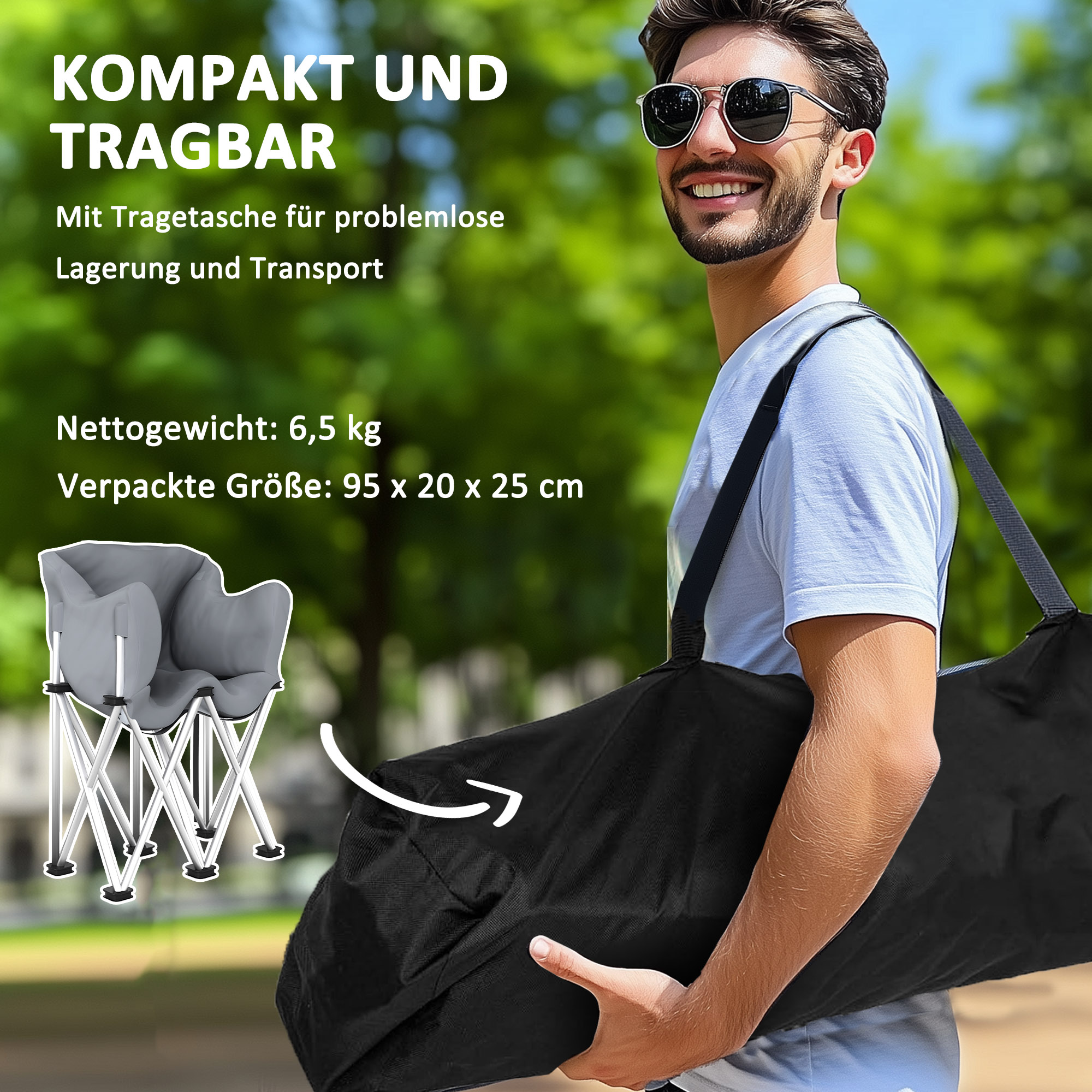 Faltstuhl 2 Sitzer faltbar Campingstuhl mit Armlehnen Seitentasche bis 240kg belastbar Grau