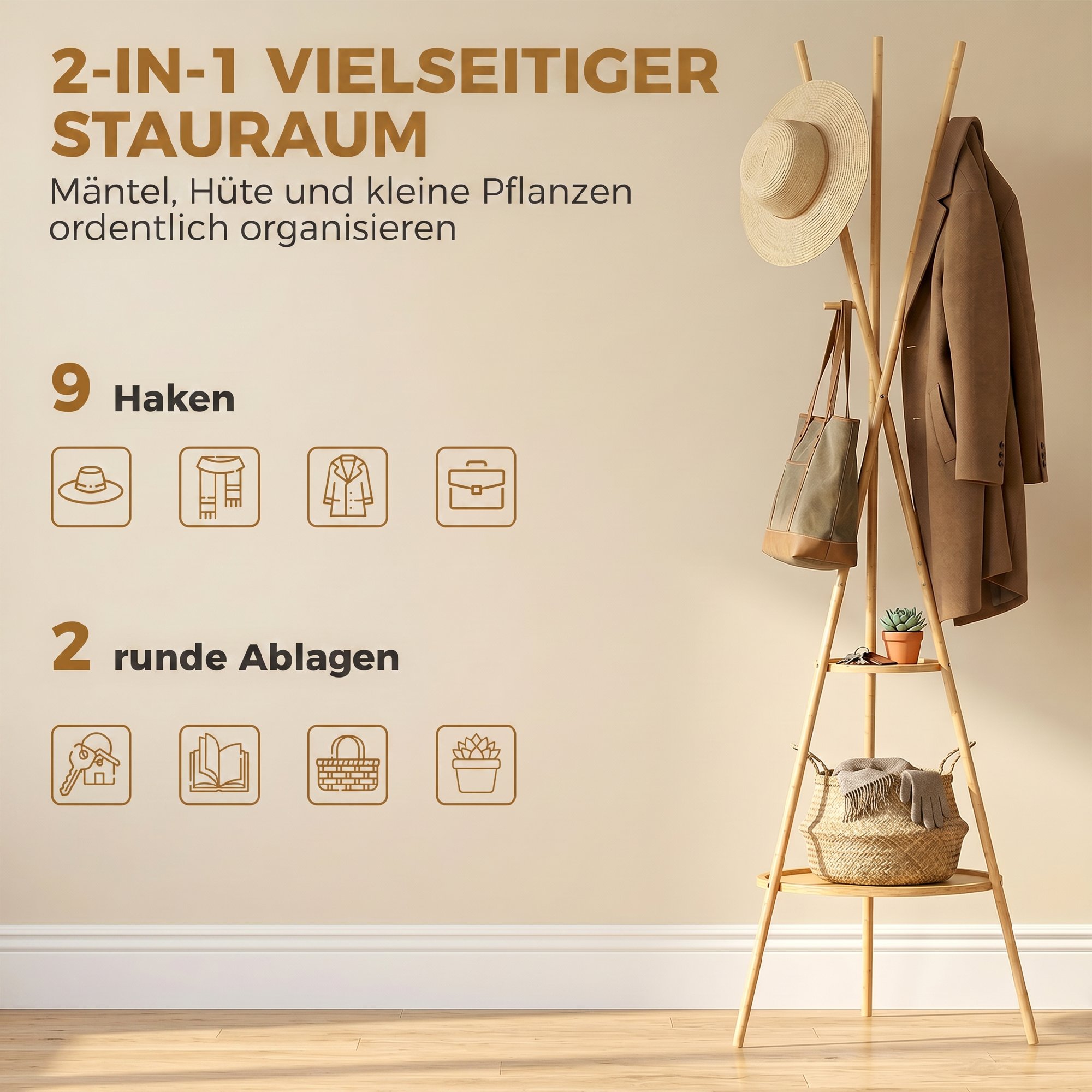 freistehender Garderobenständer mit 9 Haken und 2 Regalböden für den Eingangsbereich, natur
