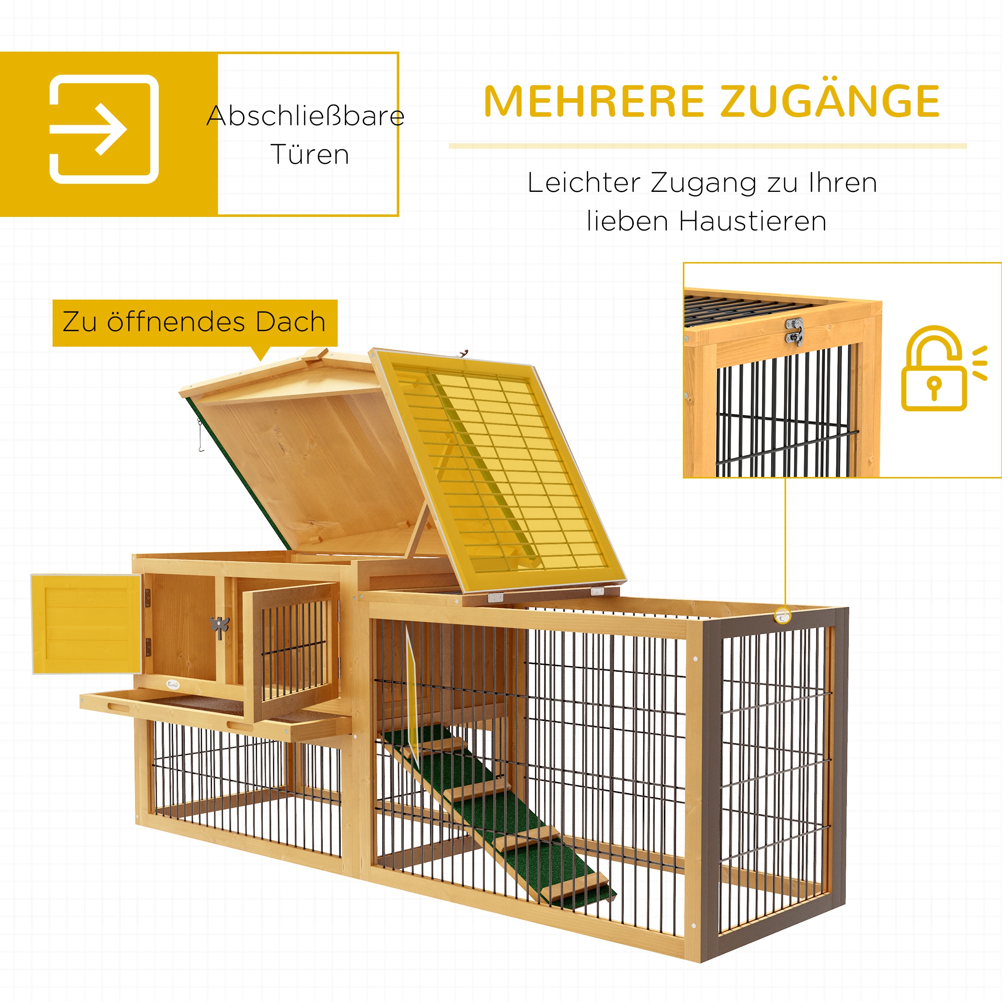 Hasenstall 2 Ebenen Kaninchenstall Tannenholz Winterfest Doppelstockhaus mit Freilaufgehege Rampe 150x52x68 cm Gelb