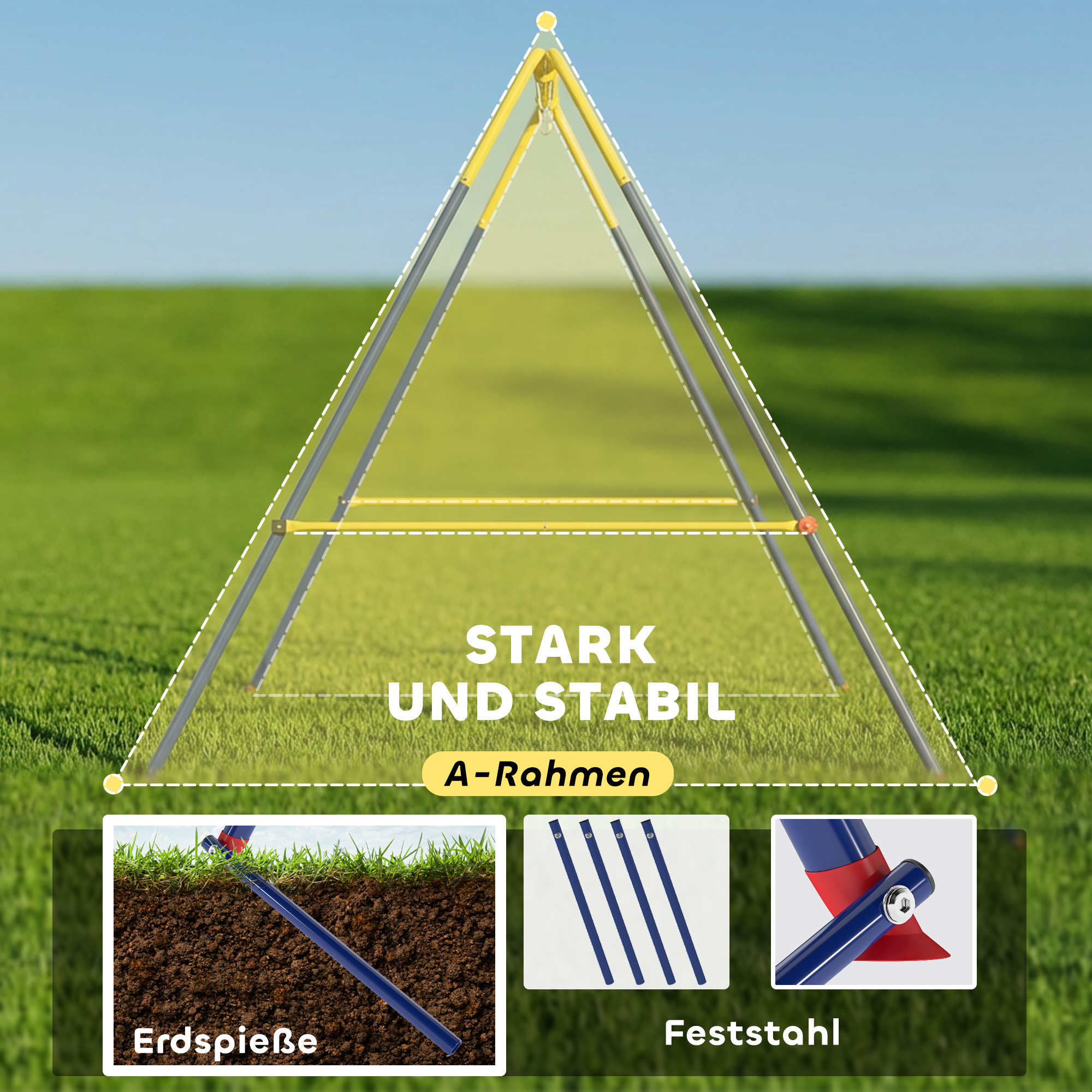 Faltbar Schaukelgestell mit A-Rahmen, 2 Haken, 4 Bodenankern, für 9 Monate bis 8 Jahre Kinder 128x155x157 cm Blau