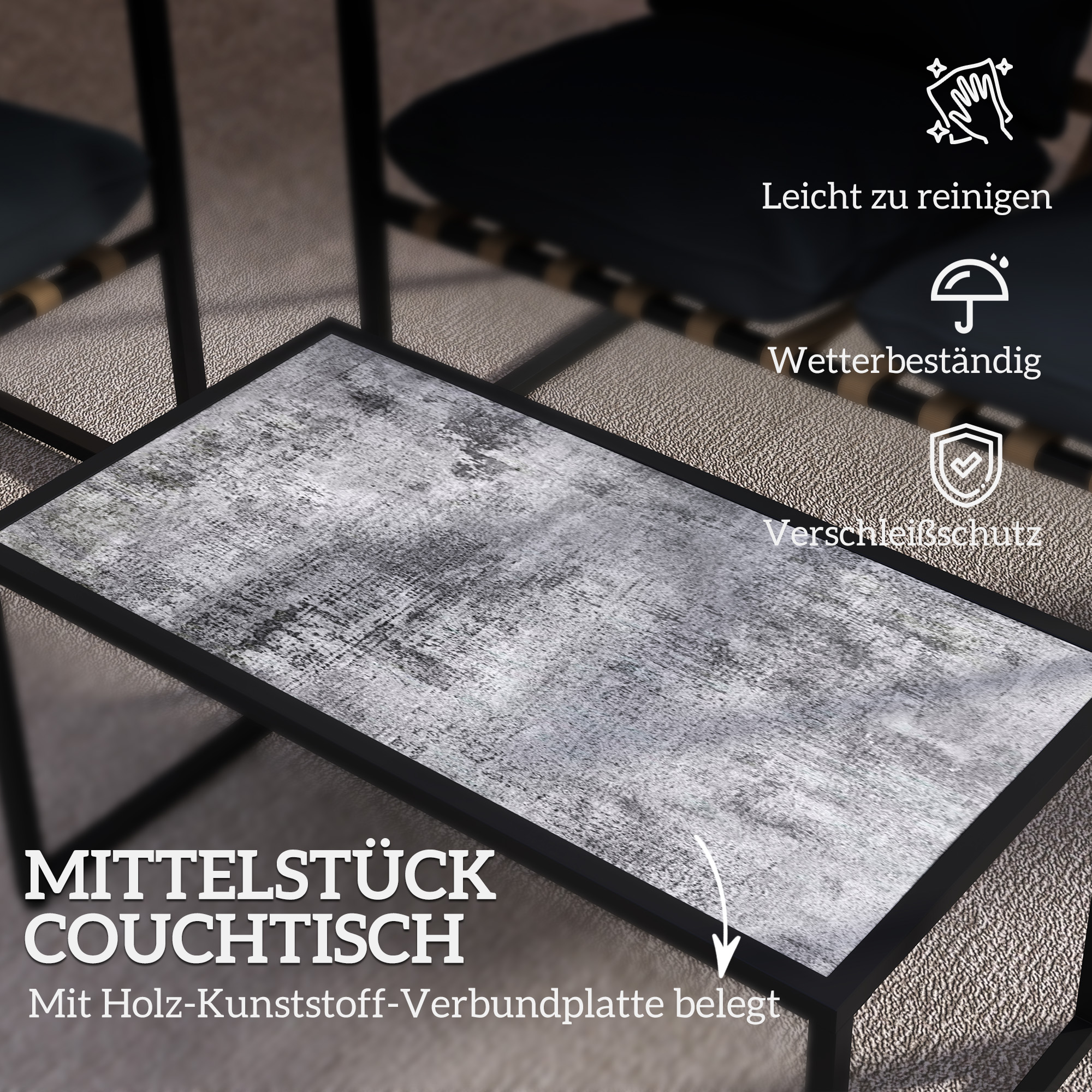 4-teiliges Gartenmöbelset, Outdoor-Möbel-Set, 2 Sessel, 2er Sofa, 1 Tisch, gepolstert, Stahl, Polyester, Grau