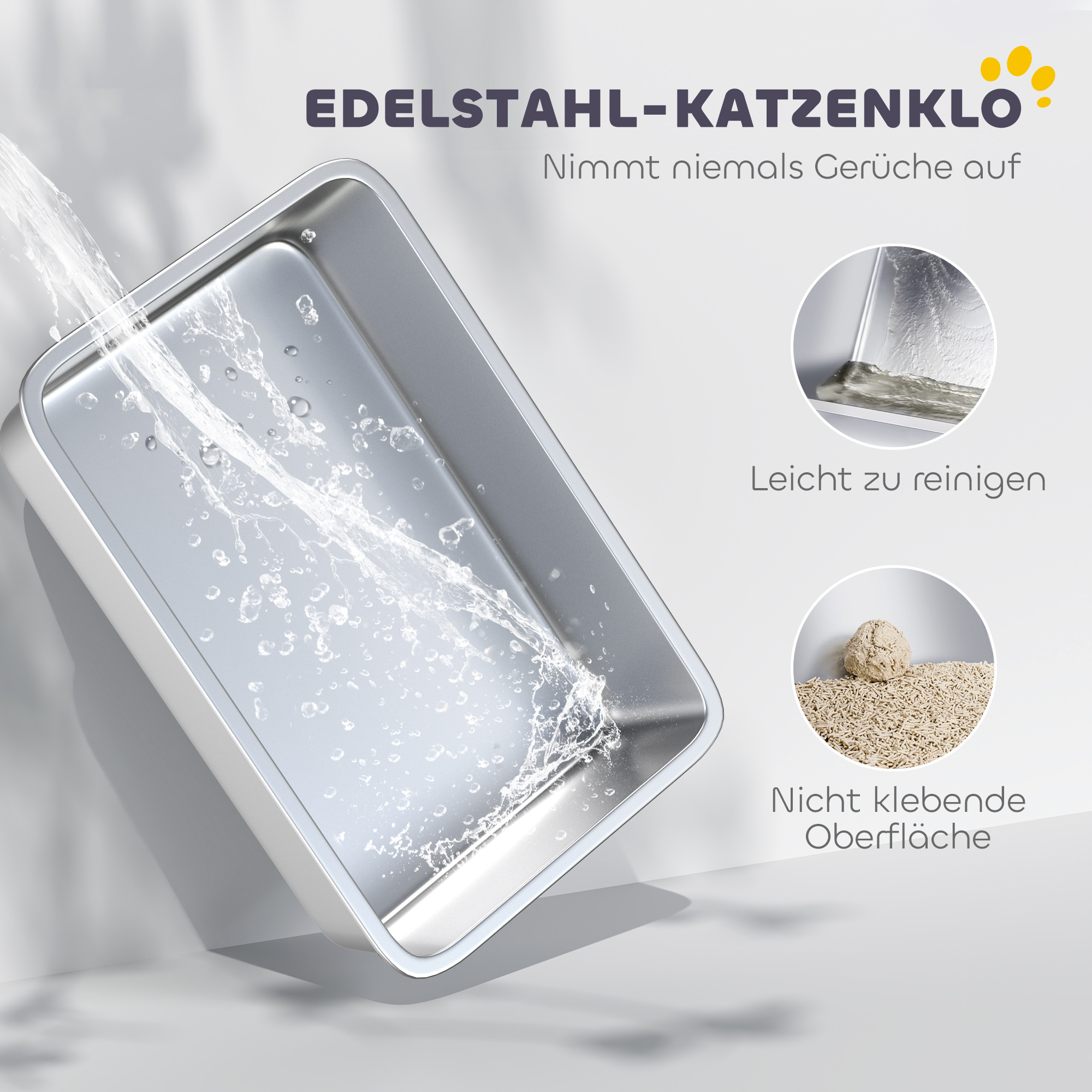 Katzentoilette Edelstahl Offene Katzenklo mit Schaufel hohem Rand für große Katzen bis 7 kg, 60,2 x 40,2 x 29,7 cm, Grau