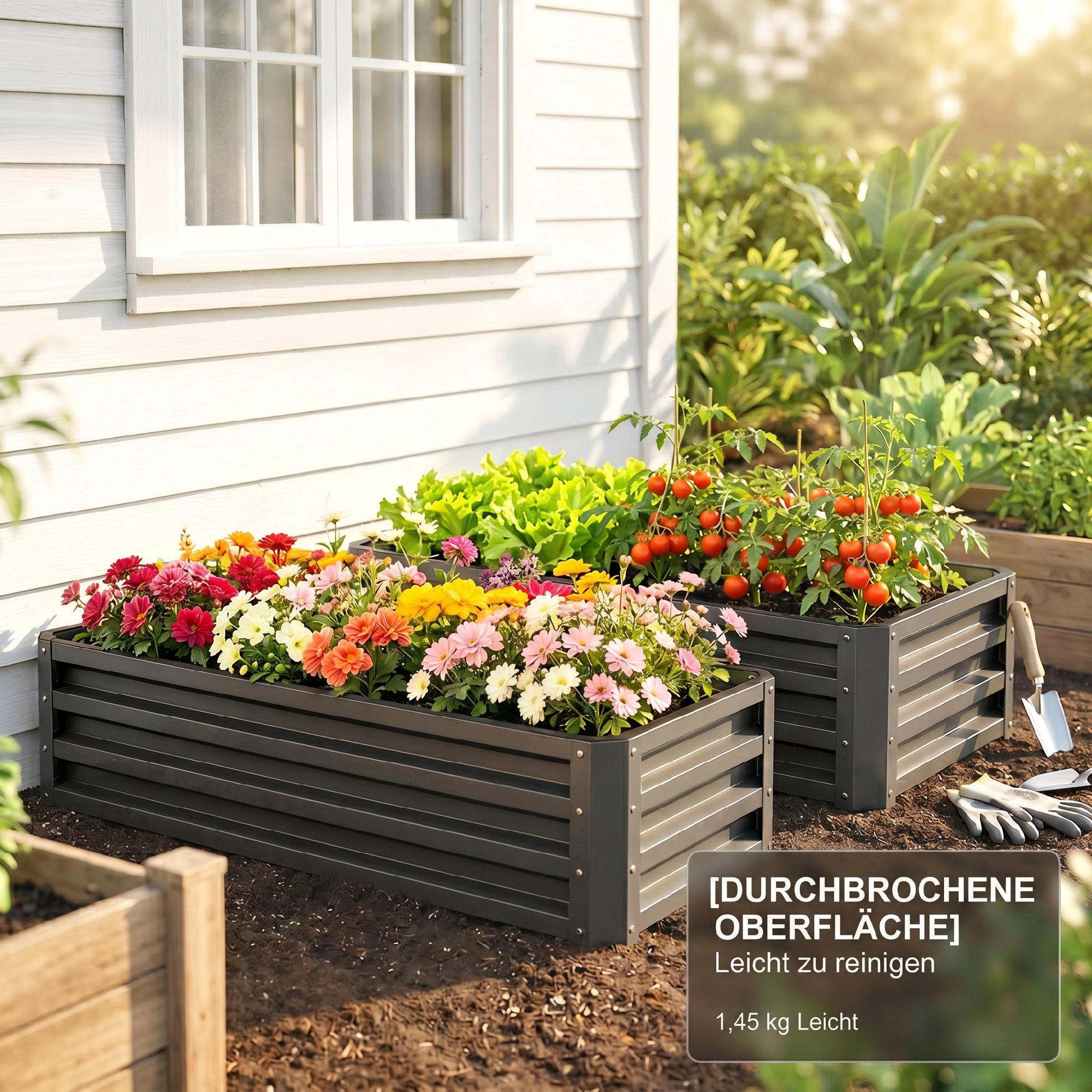 Hochbeet Metall 2er-Set, Offener Boden, Für Garten Balkon, 110x50x30cm, Dunkelgrau