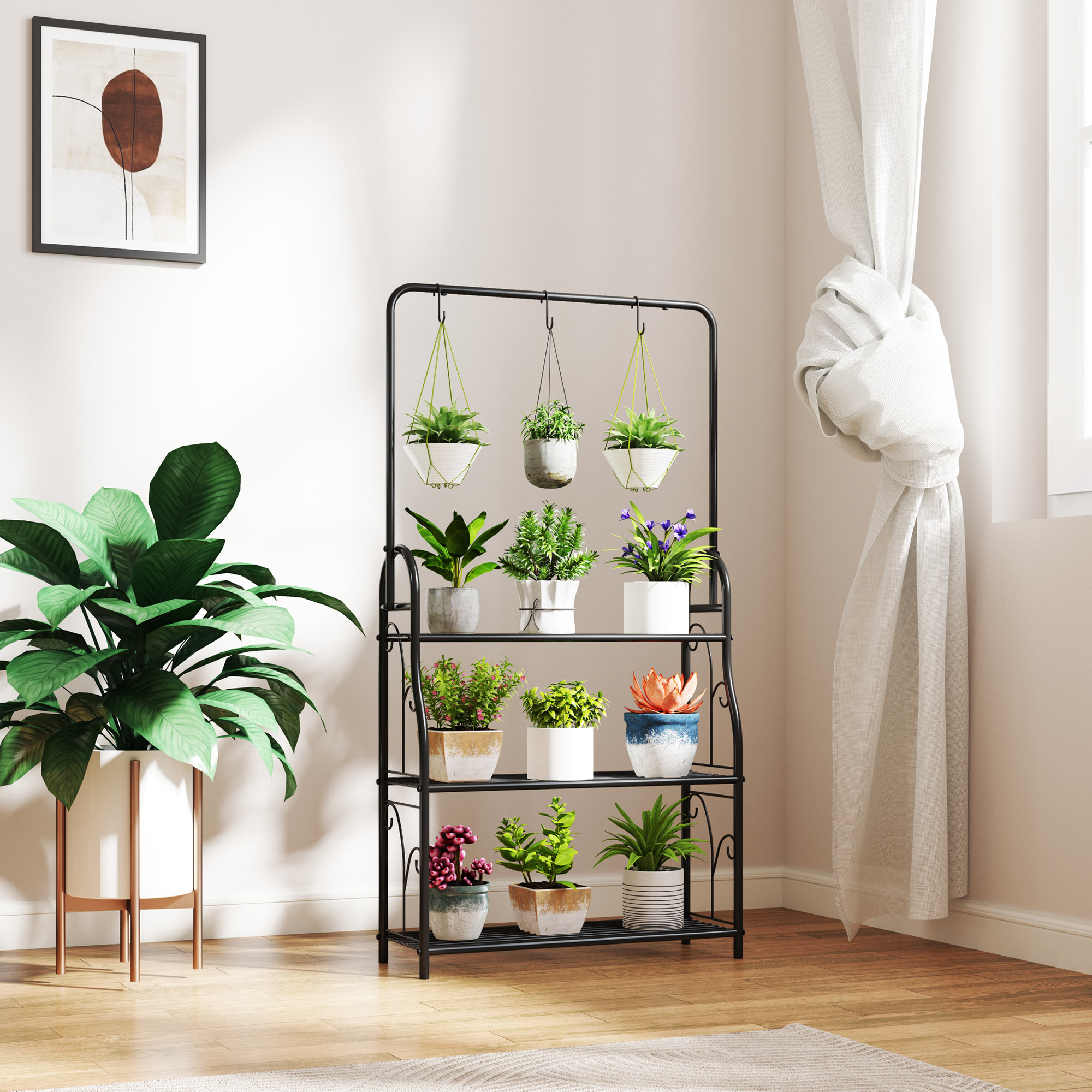 Blumenregal, 3-stufiges Pflanzenregal mit Hängehaken, Metallregal für Blumentöpfe, Indoor- und Outdoor-tauglich, Schwarz