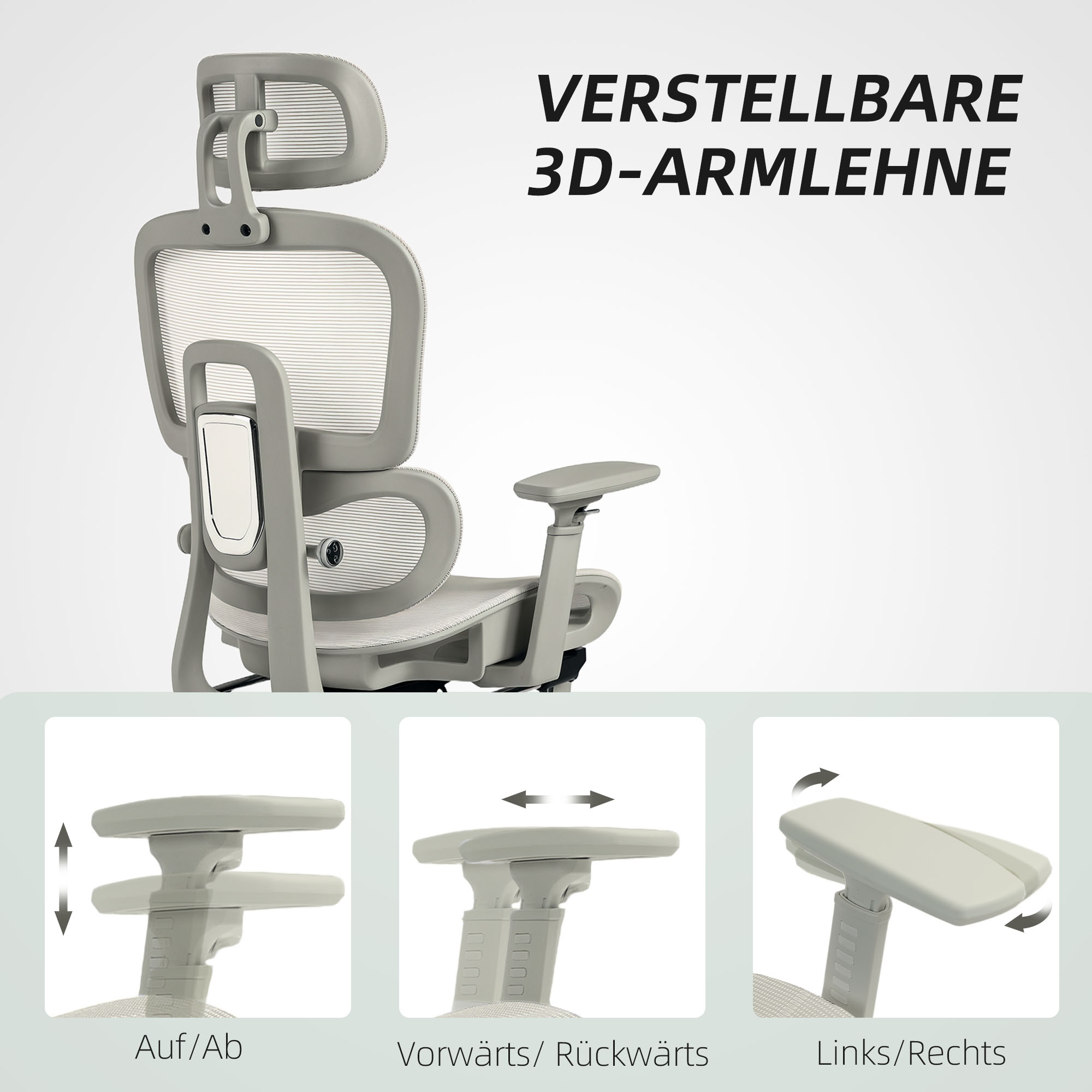 Bürostuhl, Ergonomischer Schreibtischstuhl mit Netzstoffbezug, verstellbar, rollbar, mit Armlehnen, Kopfstütze, Beige
