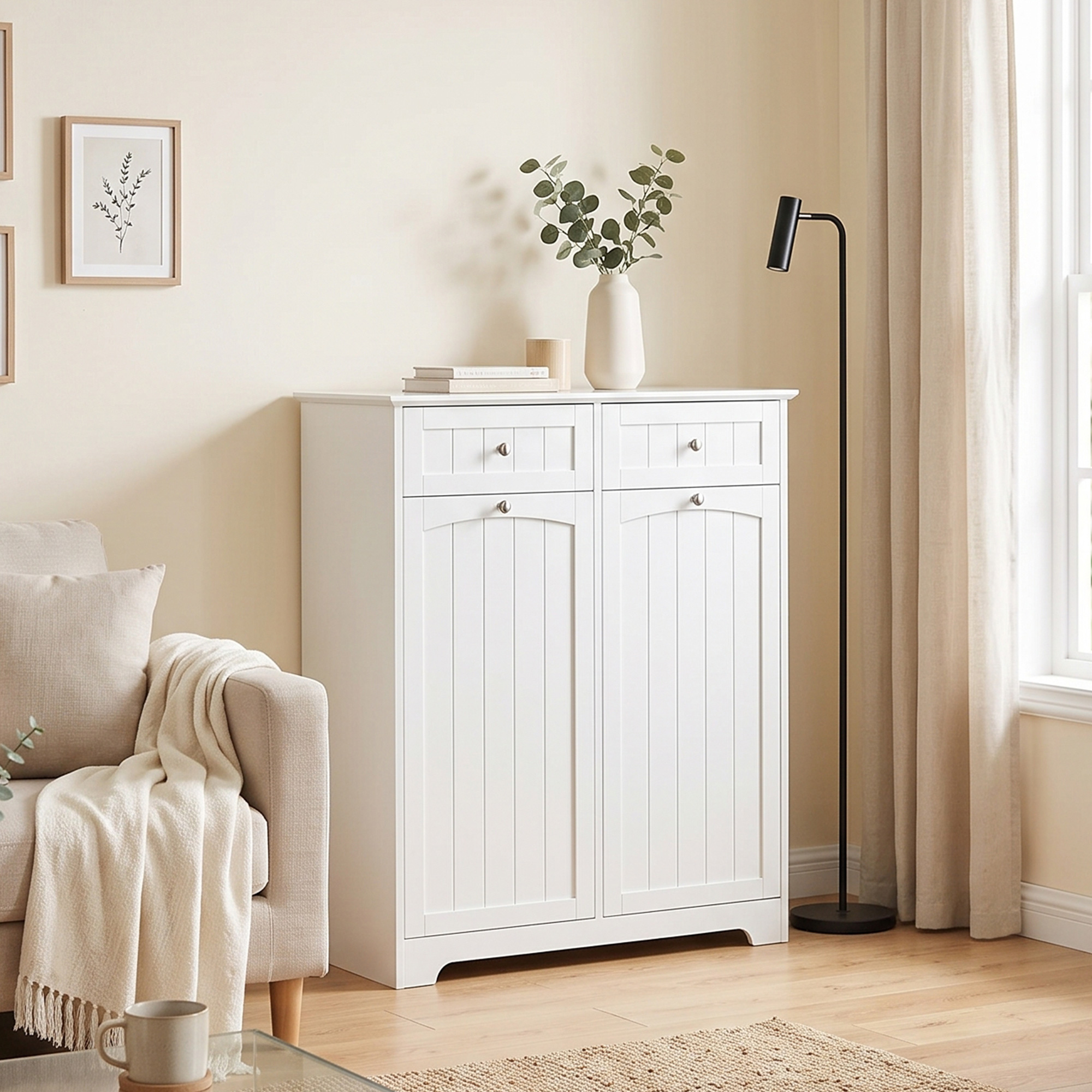 schmaler Badschrank freistehend mit Schubladen und Wäschekippe Badezimmerschrank 78x38x90 cm Weiß