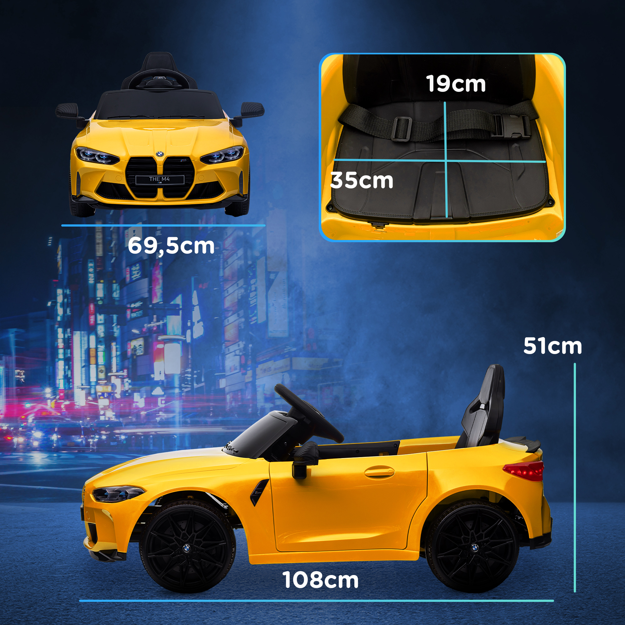 Elektro Kinderauto BMW M4, Sound & Licht, 3-5 km/h, inkl. Fernsteuerung, für 3-5 Jahre, Gelb