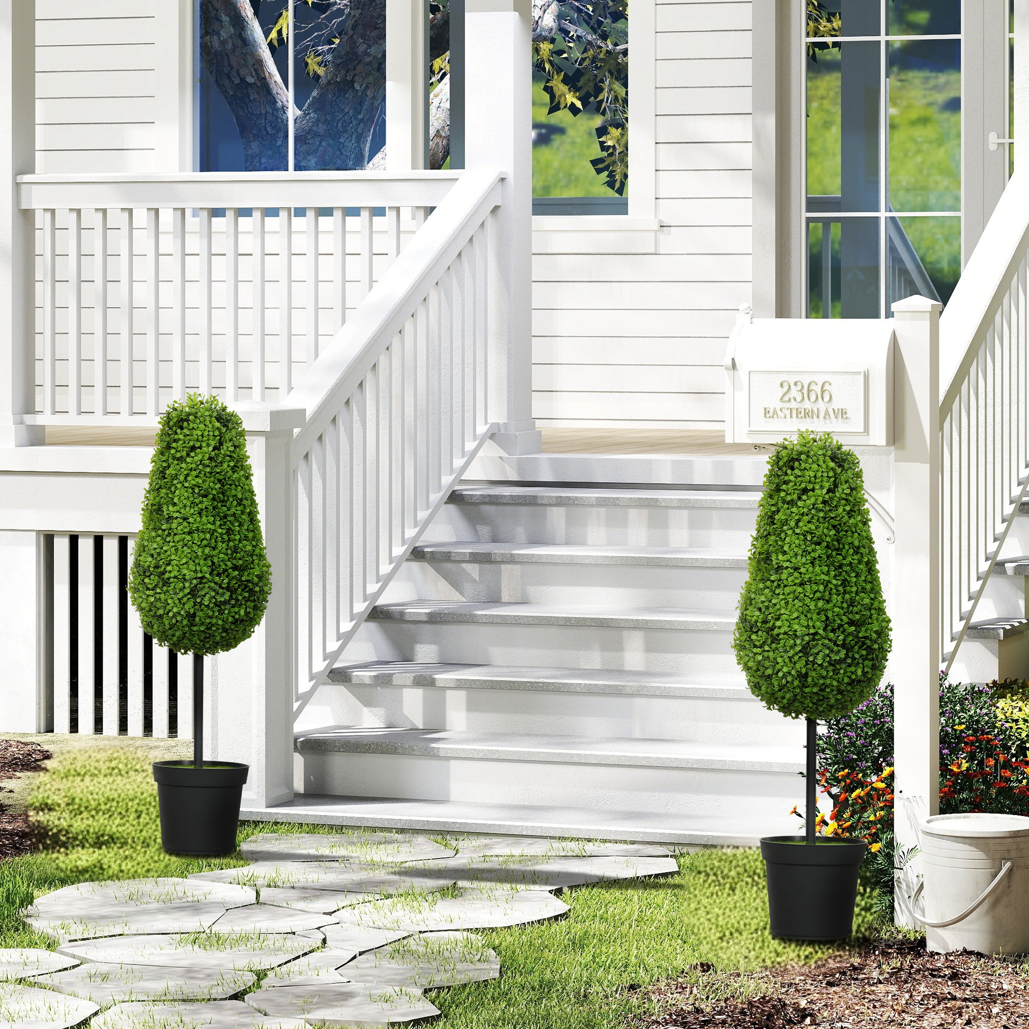 2er Set Künstliche Buchsbaum 90cm Kunstpflanze in Tränenform, Plastik Künstliche Pflanzen im Topf Moderne Dekoration