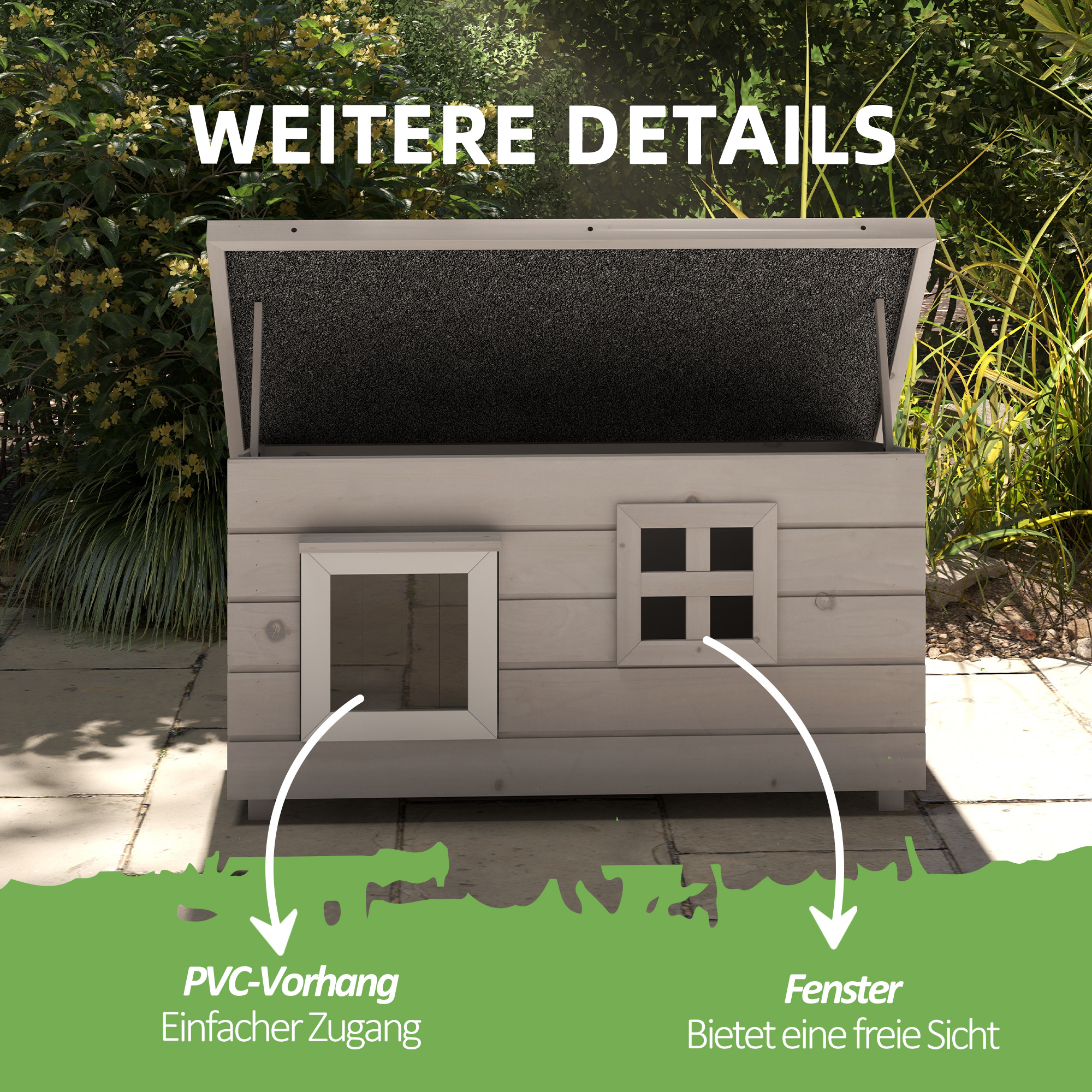 Katzenhaus aus Holz wasserdicht Katzenhütte mit Asphaltdach klappbarem Deckel Fenster Winterfest Schutzhütte Katzenhöhle Outdoor Katzenkiste für Garten Balkon Draußen 87 x 52 x 44 cm Grau