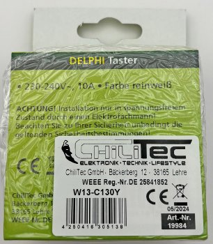 DELPHI Taster, 0-250V~/ 10A, inkl. Rahmen, UP, weiß