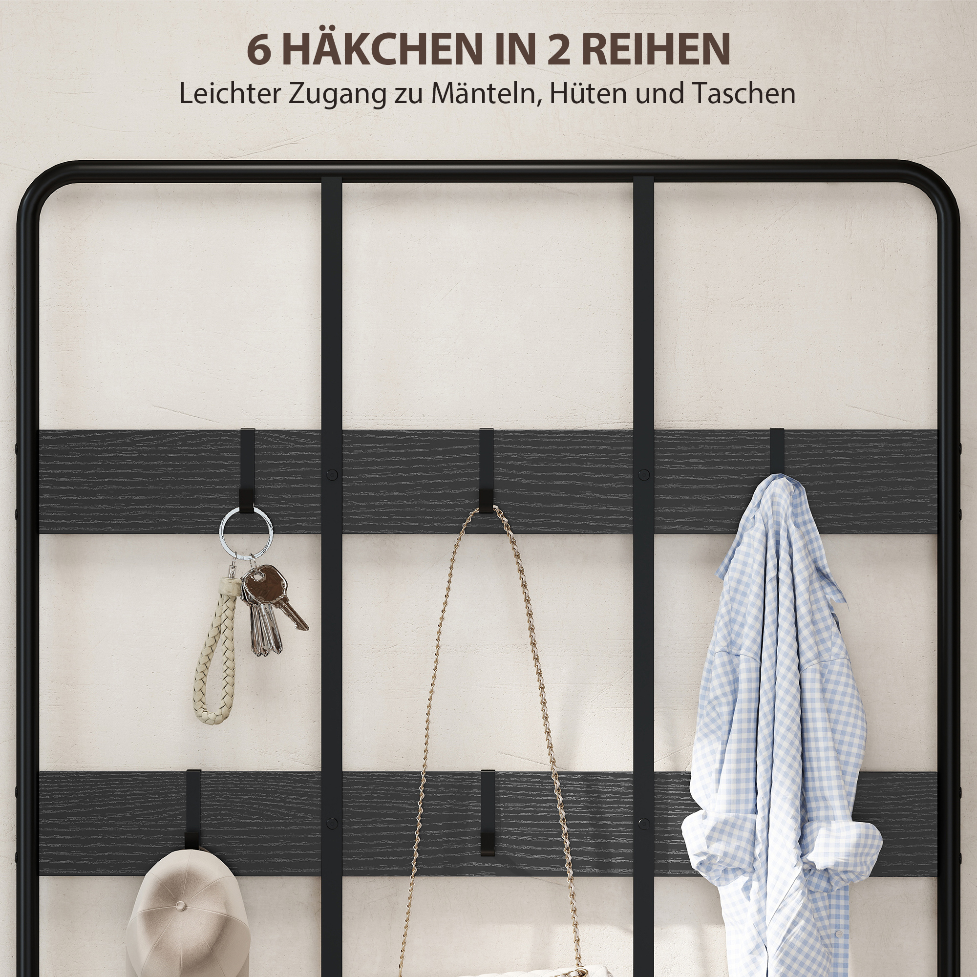 3-in-1 Garderobenständer, Kleiderhaken, Sitzbank, Schuhregal, Metall, Spanplatte, Schwarz