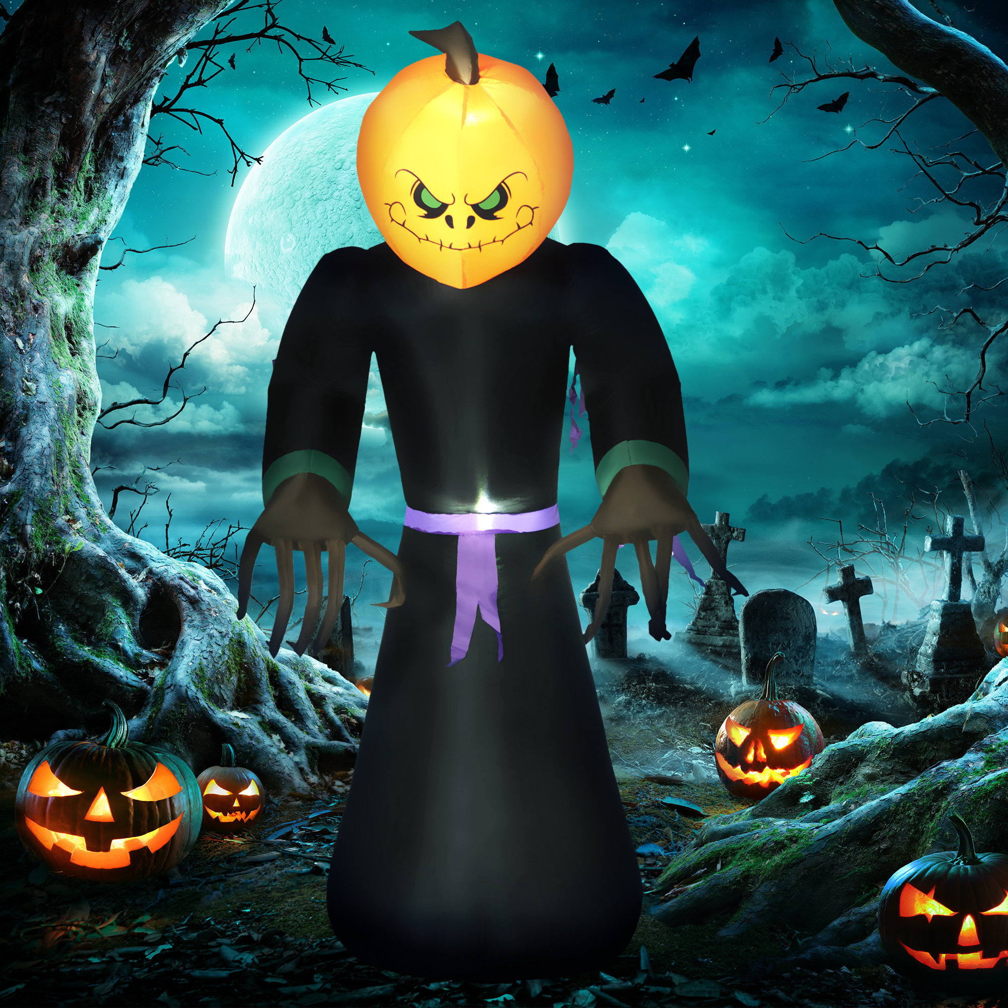 210 cm, aufblasbar, Kürbisgeist, Halloween Horror Deko mit LED Beleuchtung, Halloween-Dekoration, Wasserdichte Luftfigur, Polyester, für Indoor, Outdoor