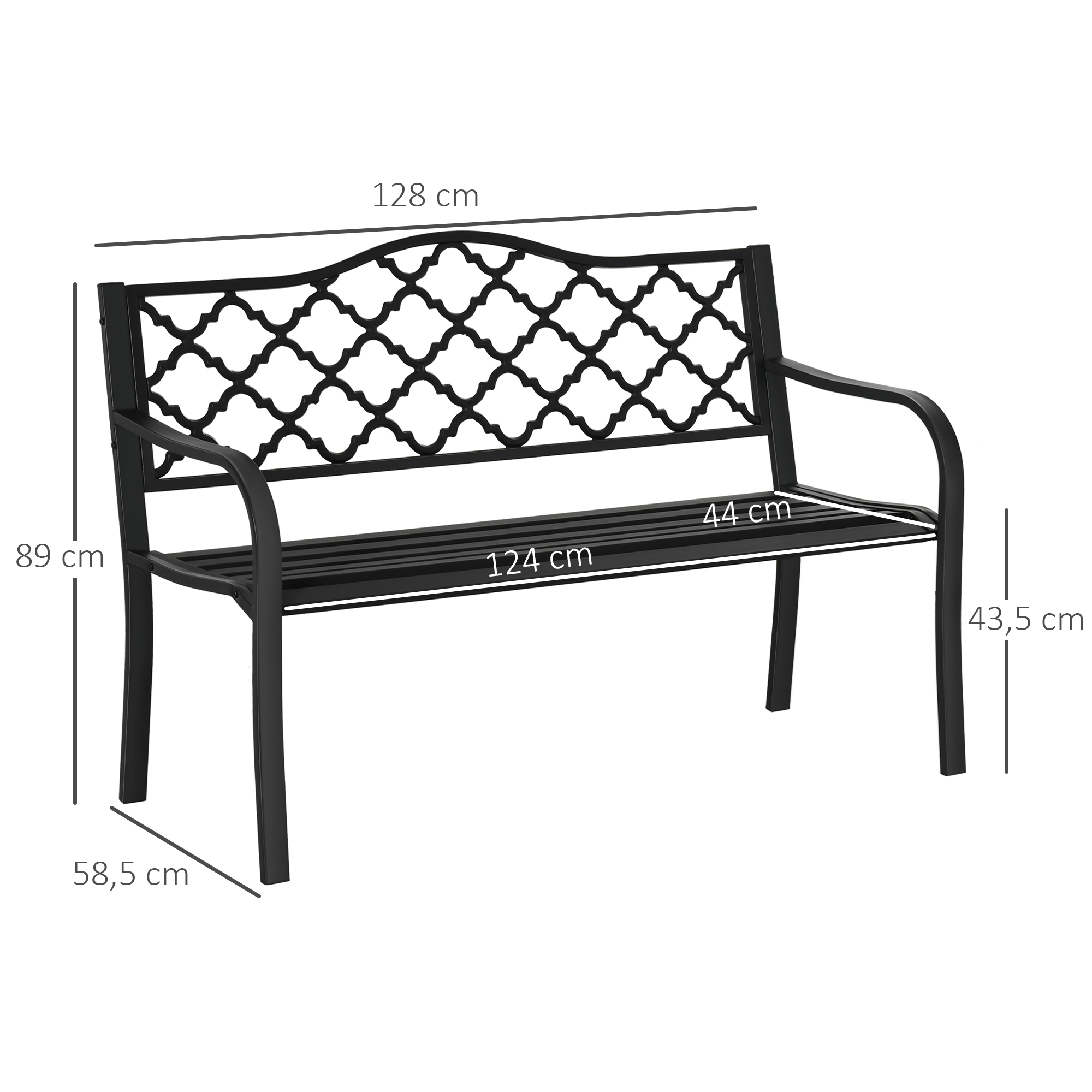 Gartenbank 2-Sitzer Parkbank aus Metall Sitzbank bis 240 kg Bank Terrassenbank mit Rücken- & Armlehnen Gartenmöbel Gusseisen Schwarz 128 x 58,5 x 89 cm