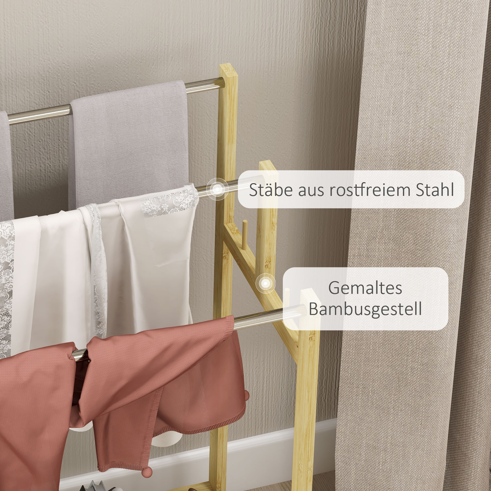 Handtuchhalter, freistehend, 3 Stangen, Bambus/Edelstahl, 50,5x31x90cm