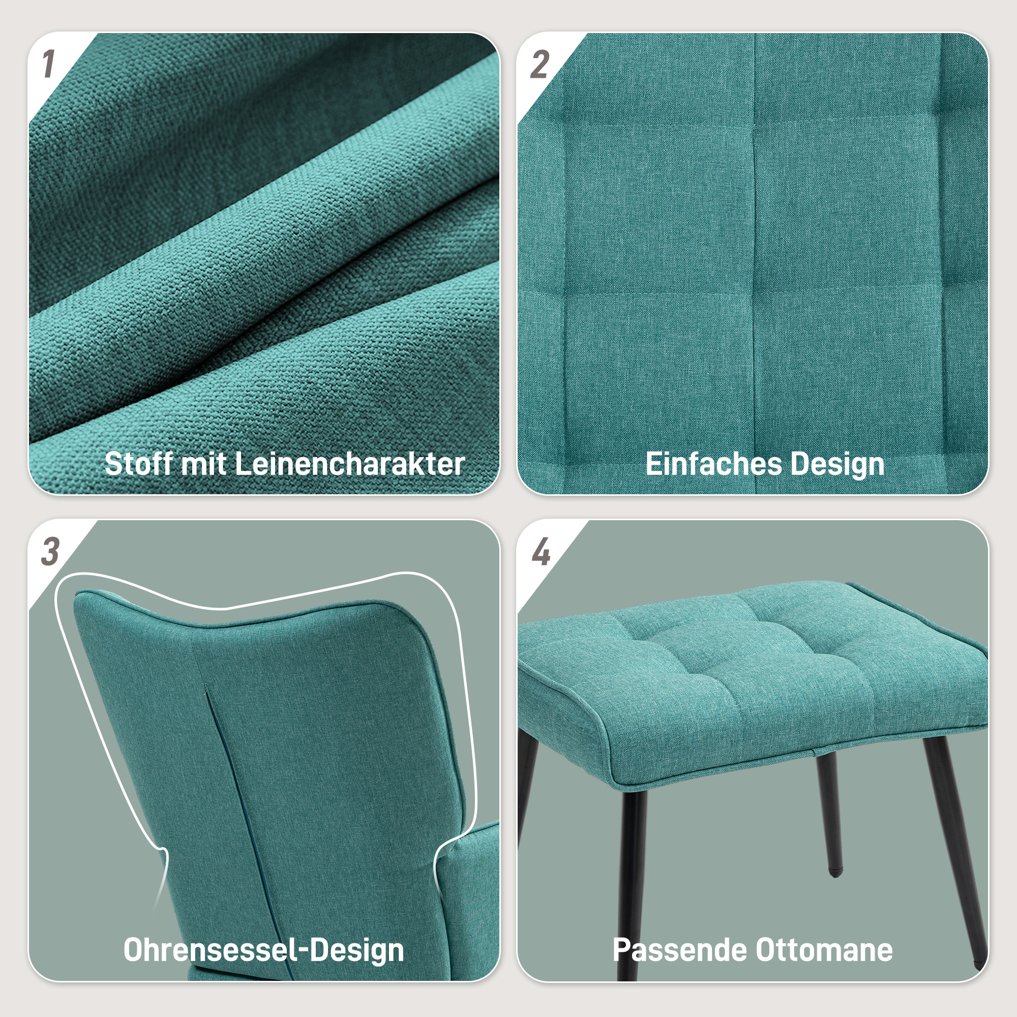 Schaukelstuhl mit Fußhocker, breite Sitzfläche, hohe Rückenlehne, Leinenimitat, Mintgrün