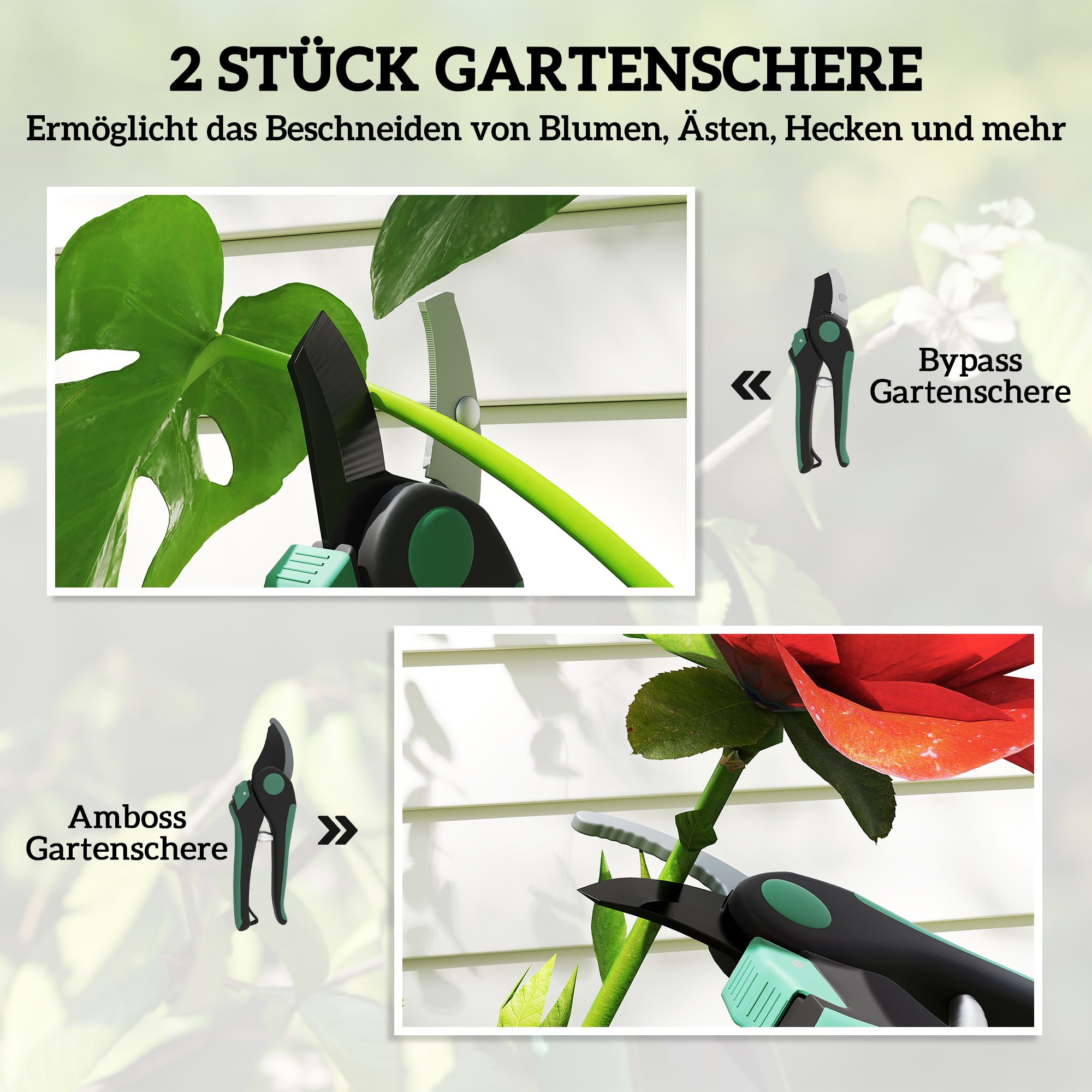 Gartenwerkzeug Set 2 Stück Garten Werkzeug aus Metall Gartengeräte mit Gartenschere Grün+Schwarz