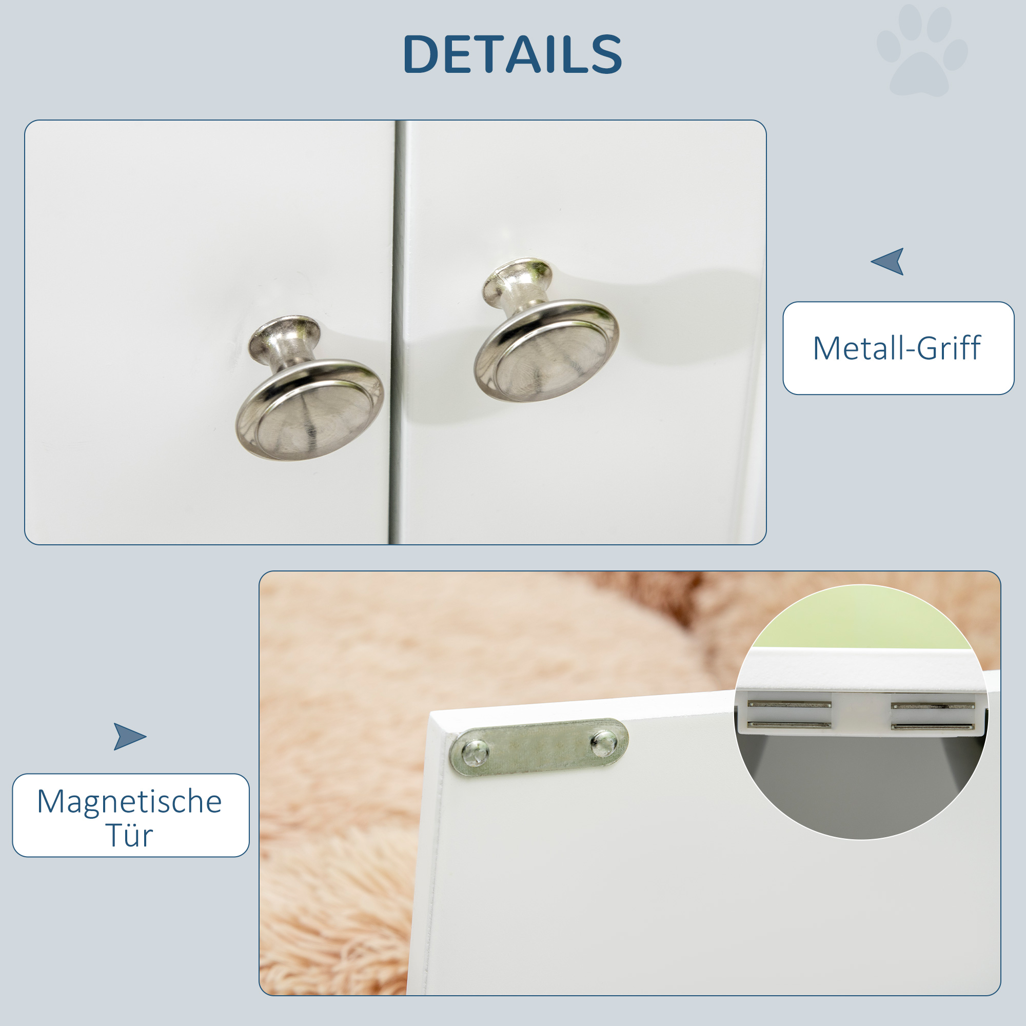 Hunde Futterstation, 2 Näpfe aus Edelstahl, Schrankfach 44L Kapazität, Magnettüren, weiß, 60x30x35,5 cm