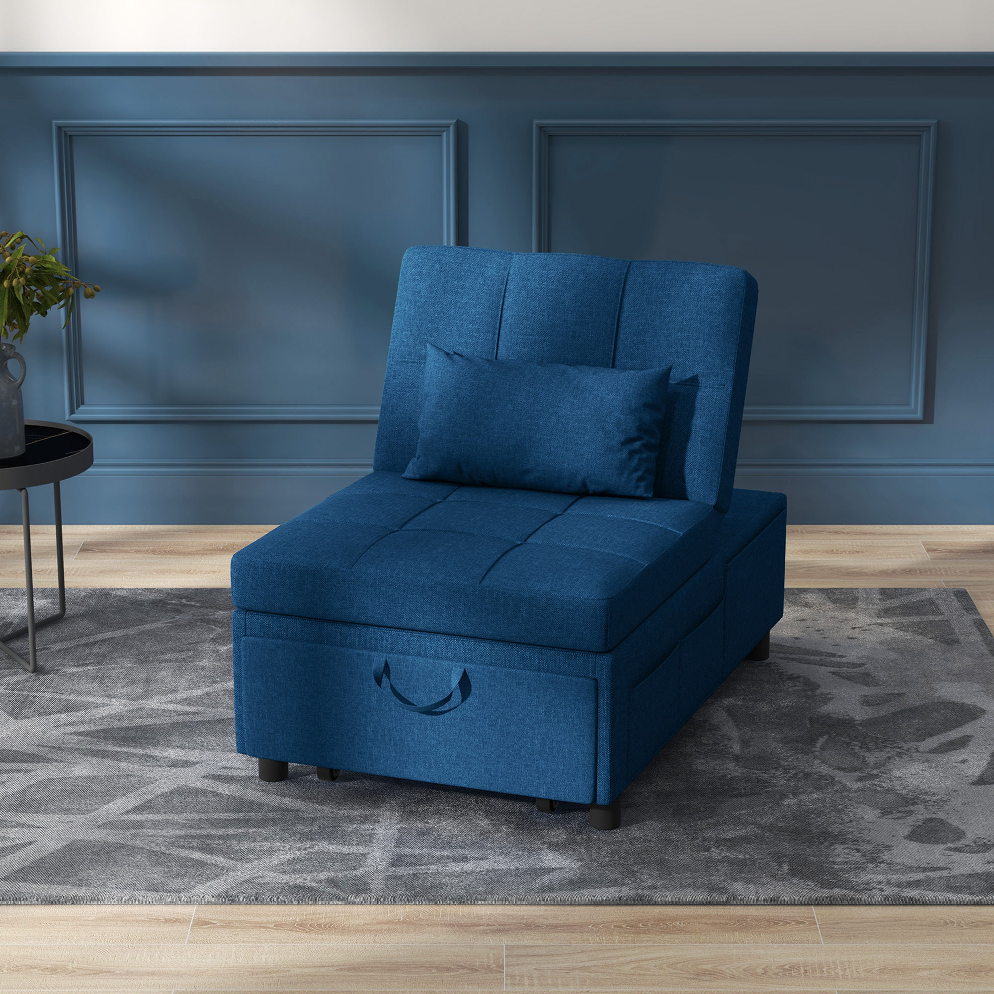 3-in-1 Klappsessel mit Seitentasche, Gästebett mit Kissen, Verstellbarer Rückenlehne, Bettsessel mit Rollen, Blau
