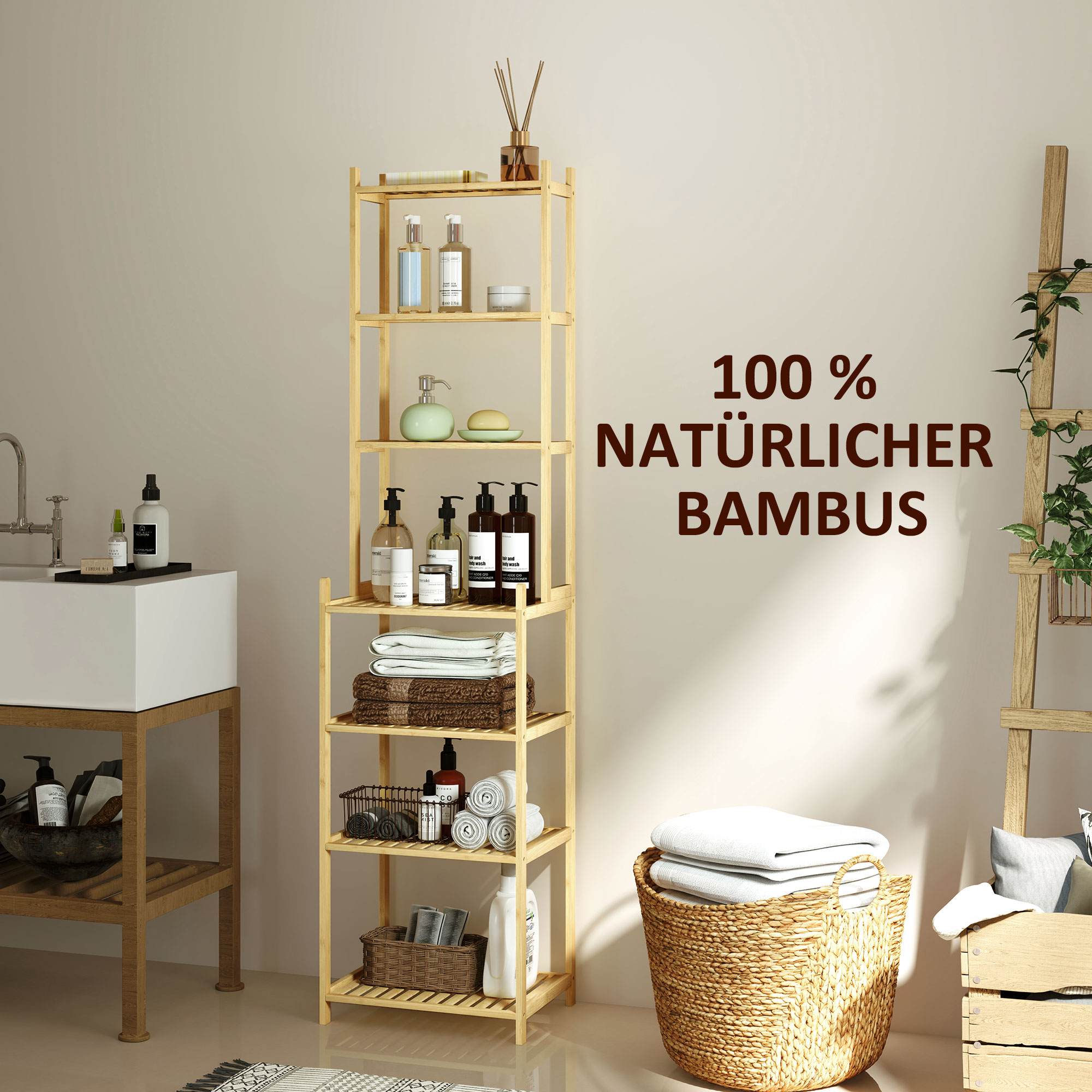 Badezimmerregal mit 7 Ebenen, Badregal aus Bambus, wasserfest, robust, 180 cm