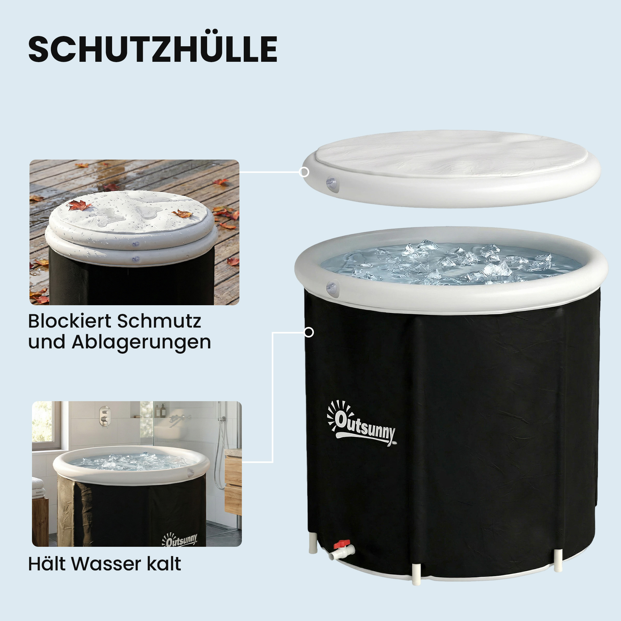 Eisbad Ø78 cm Faltbare Eisbadewanne aufblasbare tragbare Eistonne 280L mit 3 Isolierschichten Abdeckung, Schwarz