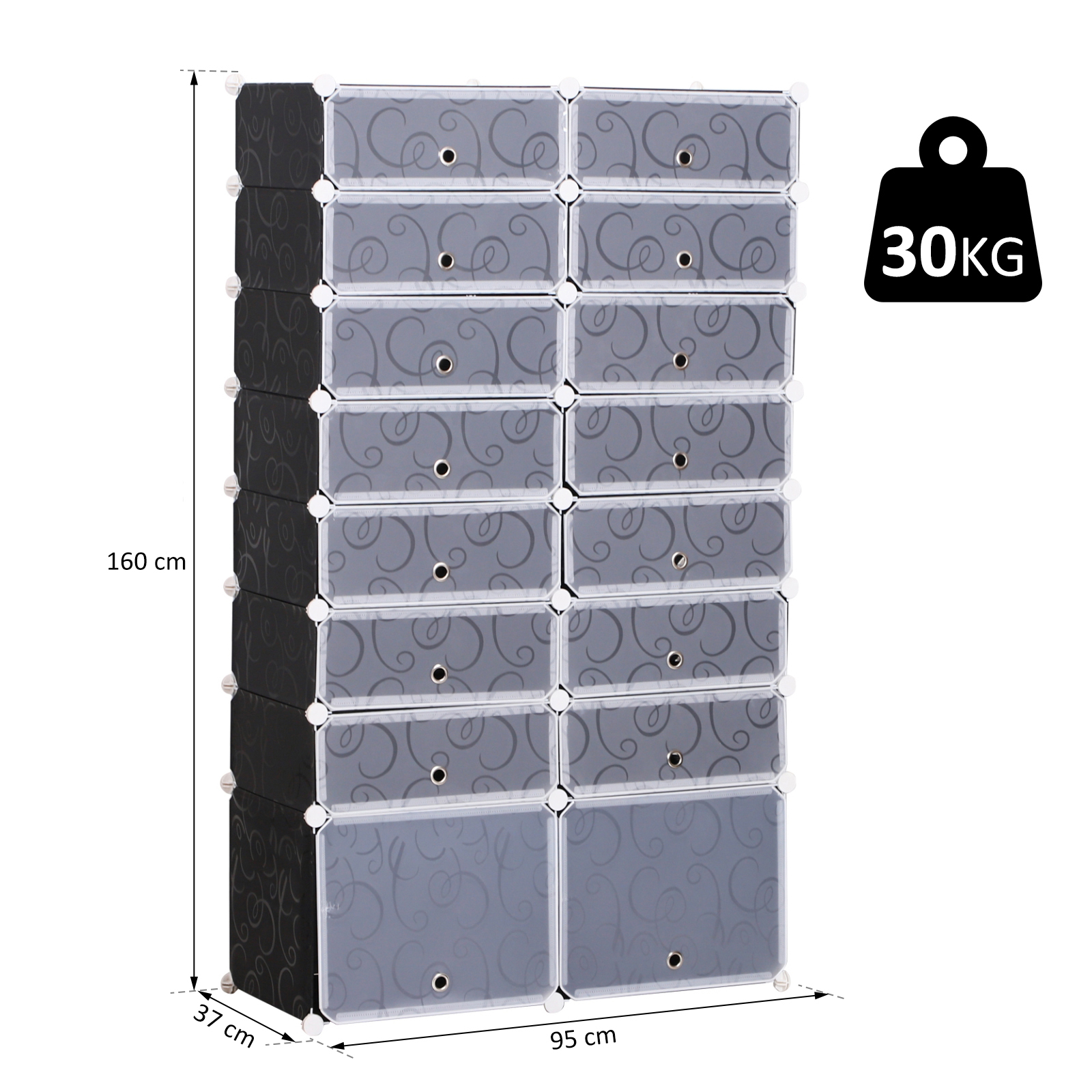 Schuhboxen 16er Set Schuhkarton stapelbar Schuhorganizer Schuhaufbewahrung Aufbewahrungsboxen Regalsystem mit Tür, Schwarz + Weiß