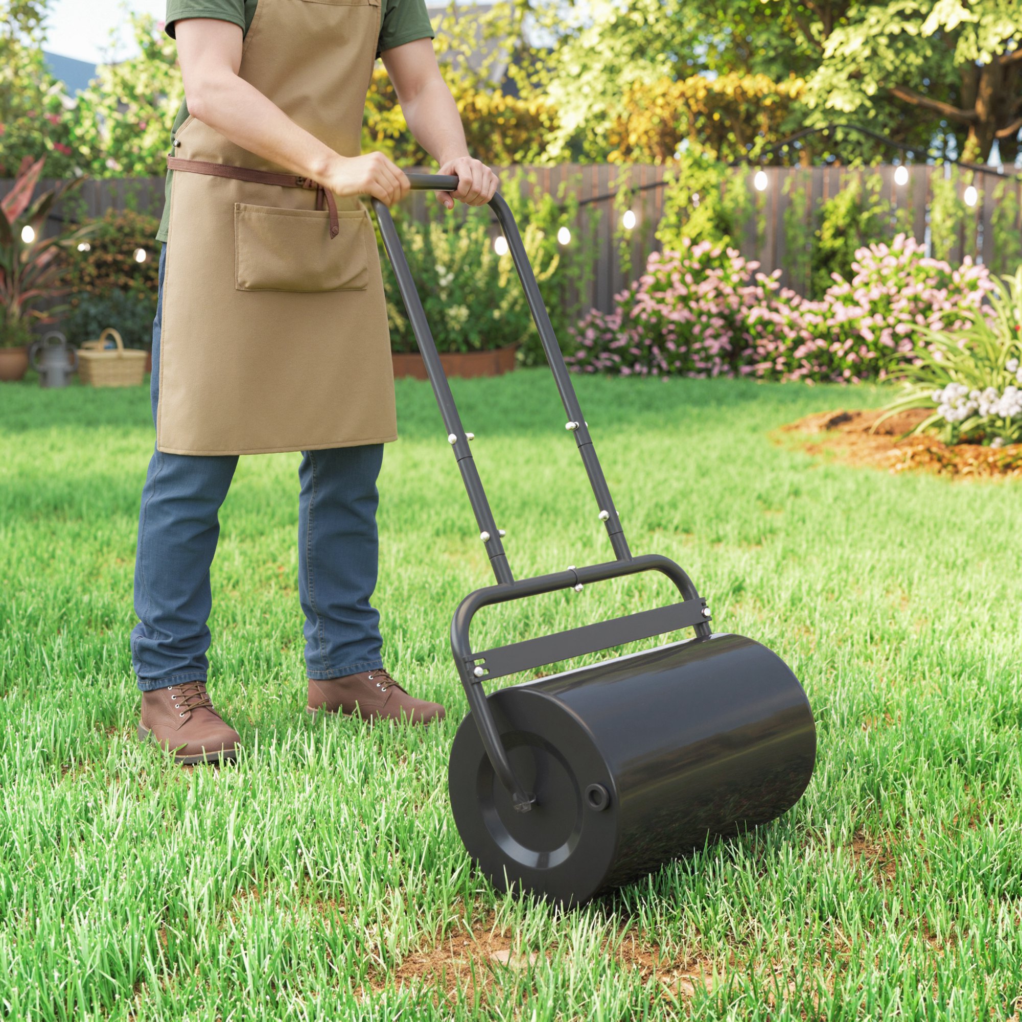 Outsunny Rasenwalze mit U-Griff, Gartenwalze, Gartenrolle, 32 cm Durchmesser, 38 L Wasser-/62 kg Sand, Metall, Schwarz, 58 x 32,5 x 113 cm