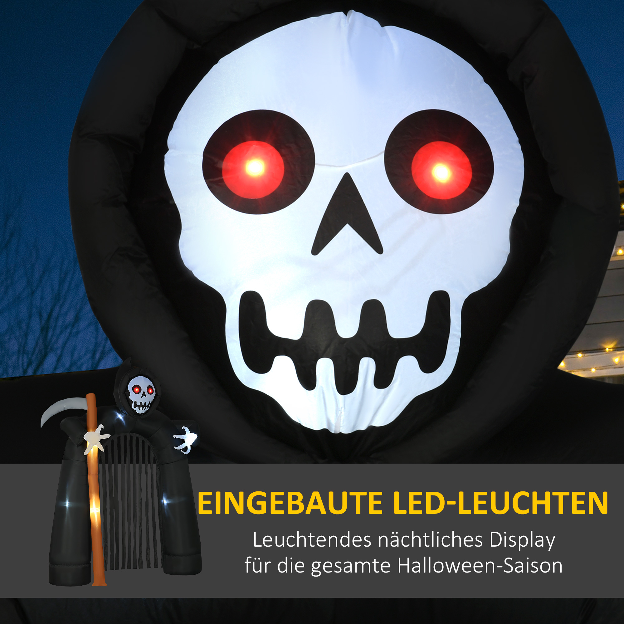 große Halloween-Gartendekoration Sensenmann-Torbogen selbstaufblasbar LED-Beleuchtung 2,85 m