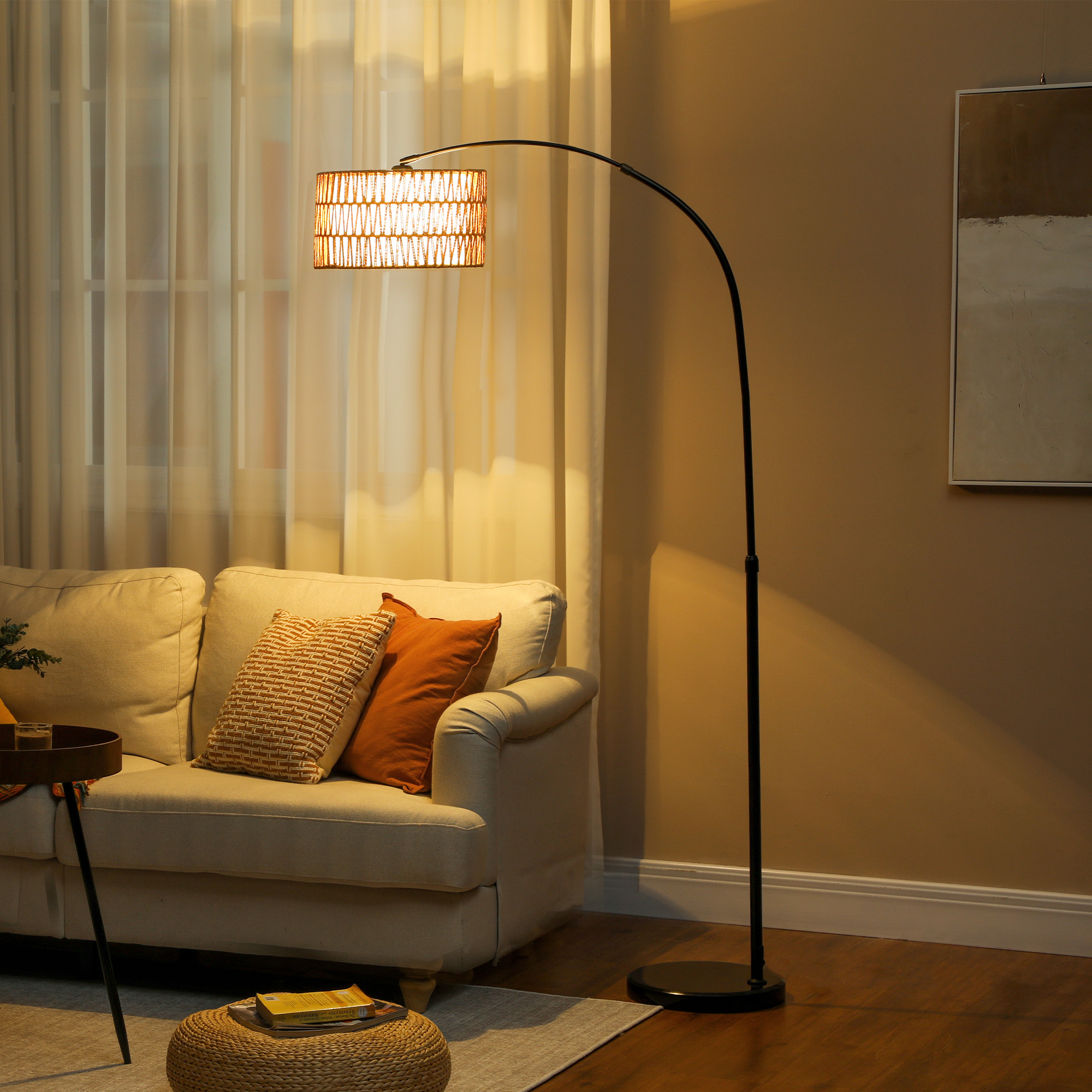 Stehlampe mit Hanfseil-Schirm, höhenverstellbar, Fußschalter, Metall, Schwarz