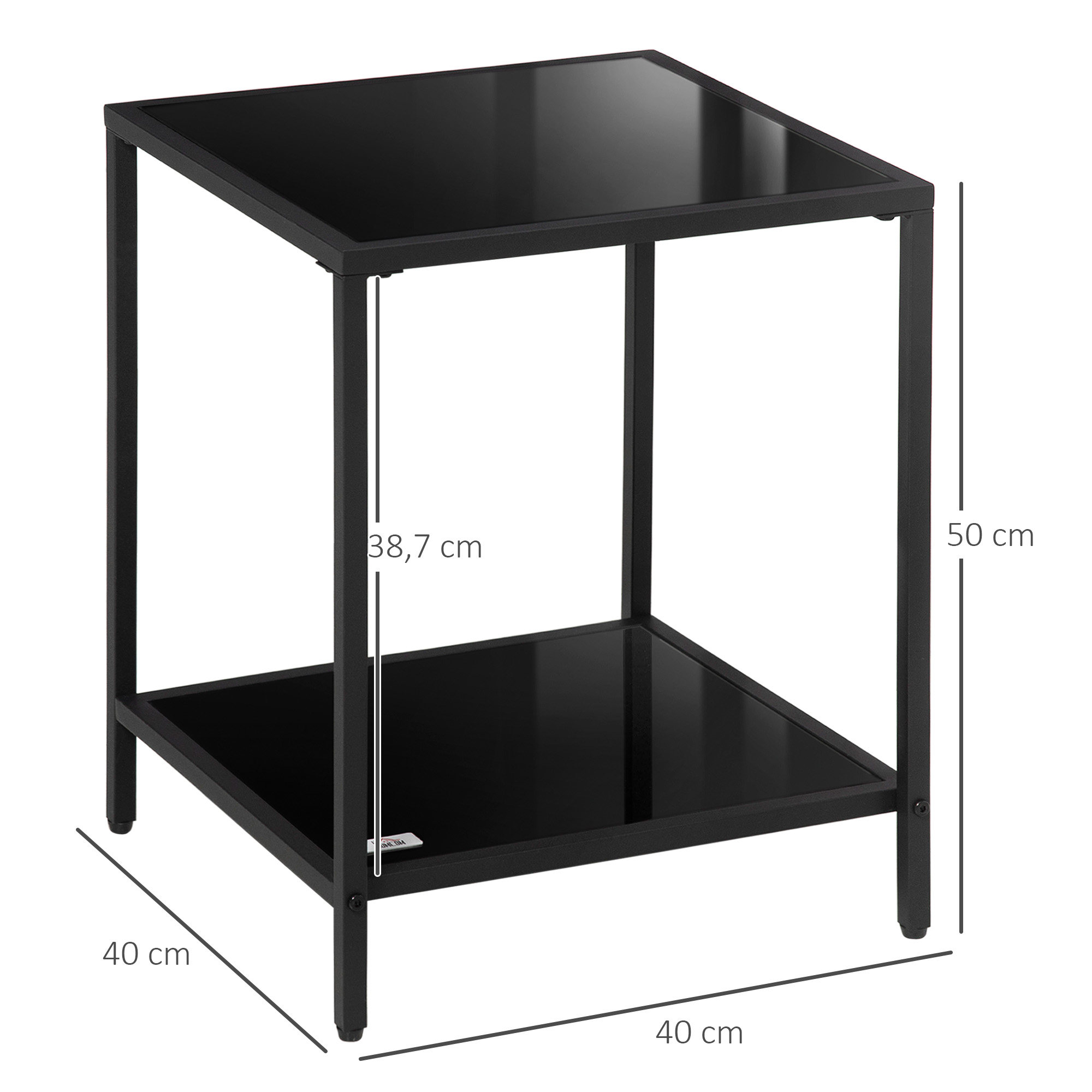 Beistelltisch mit gehärteten Glasplatten, 2 Ebenen, klassisches Design mit Metallstruktur, Schwarz