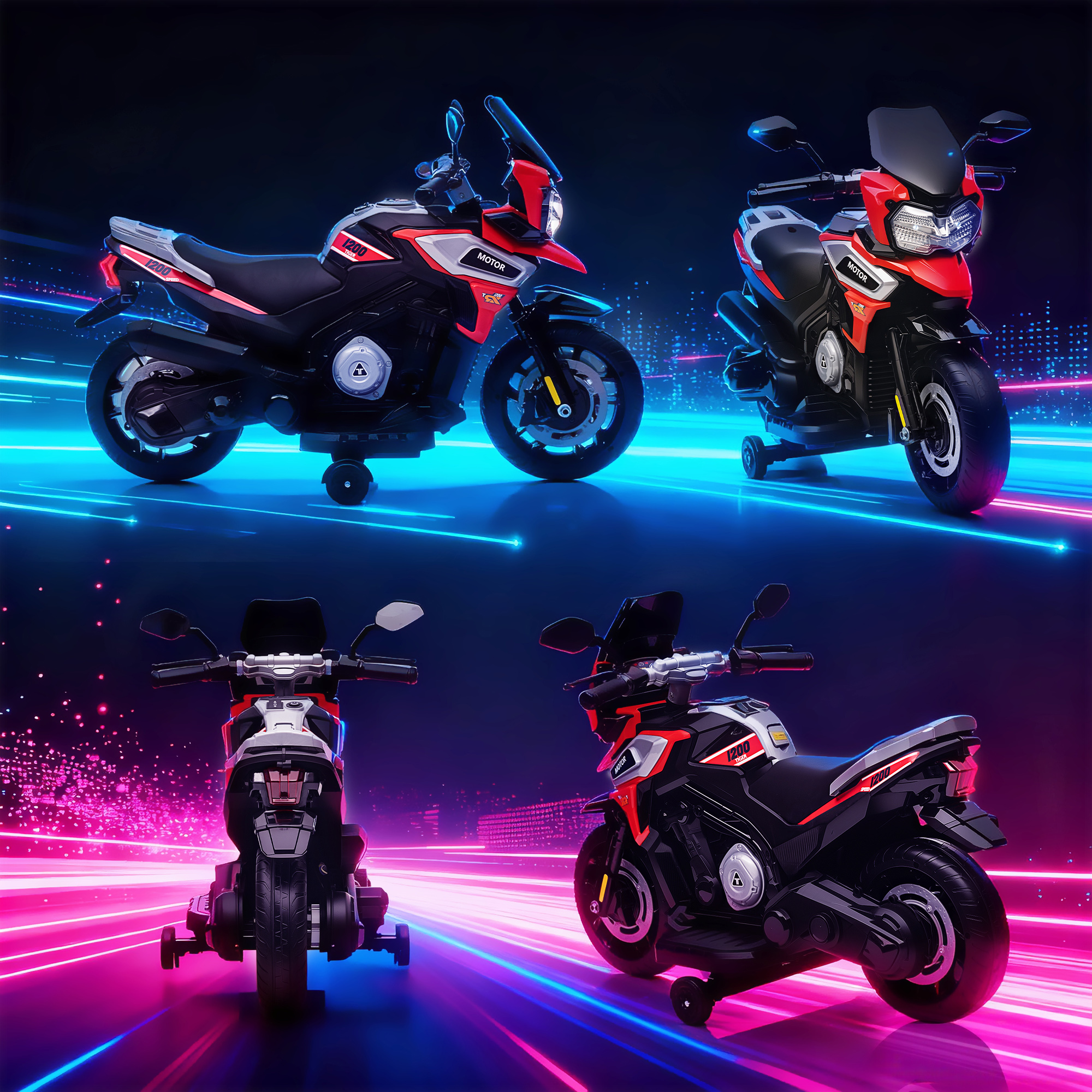 Elektro-Motorrad für Kinder von 18-36 Monaten, Aufsitz-Fahrzeug, Hilfsräder, Lichter, Musik, Kunststoff, Stahl, Rot