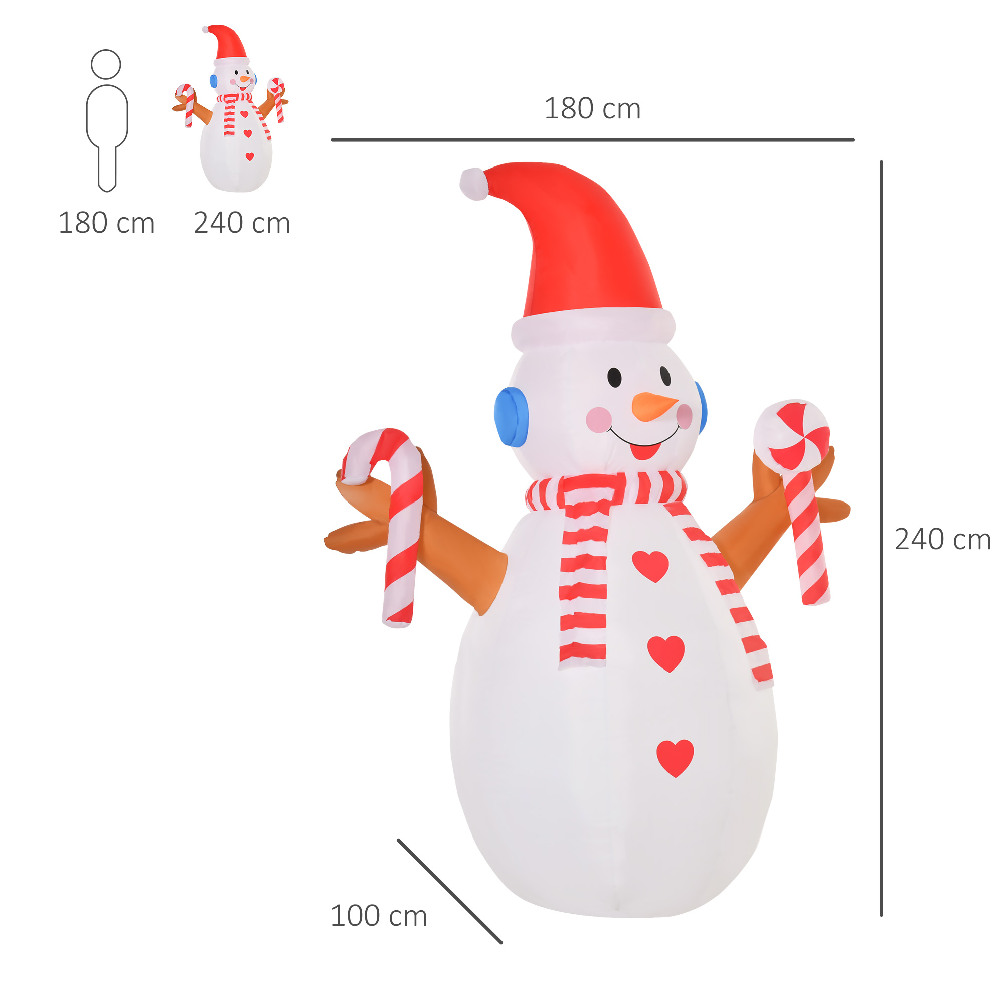 2,4 m aufblasbarer Schneemann mit rotierender Beleuchtung Weihnachtsdeko  für den Innen- und Außenbereich Garten Rasendekoration Party Weiß+Rot 180 x 100 x 240 cm