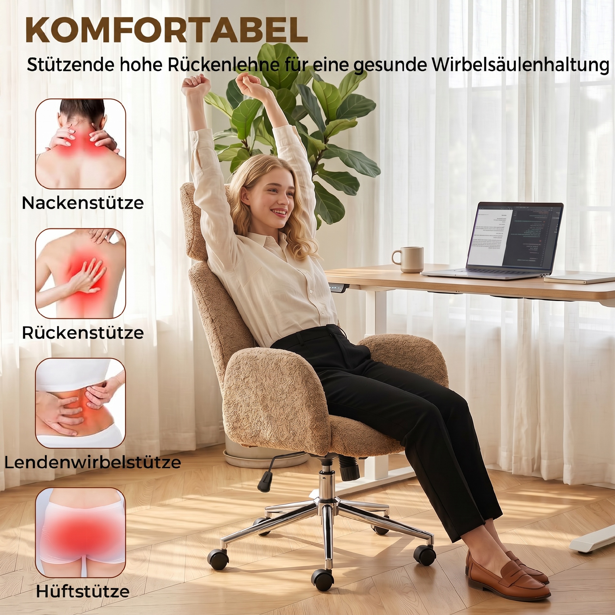 Bürostuhl mit verstellbarer Kopfstütze, ergonomischer Schreibtischstuhl, Kippfunktion, höhenverstellbar, Braun