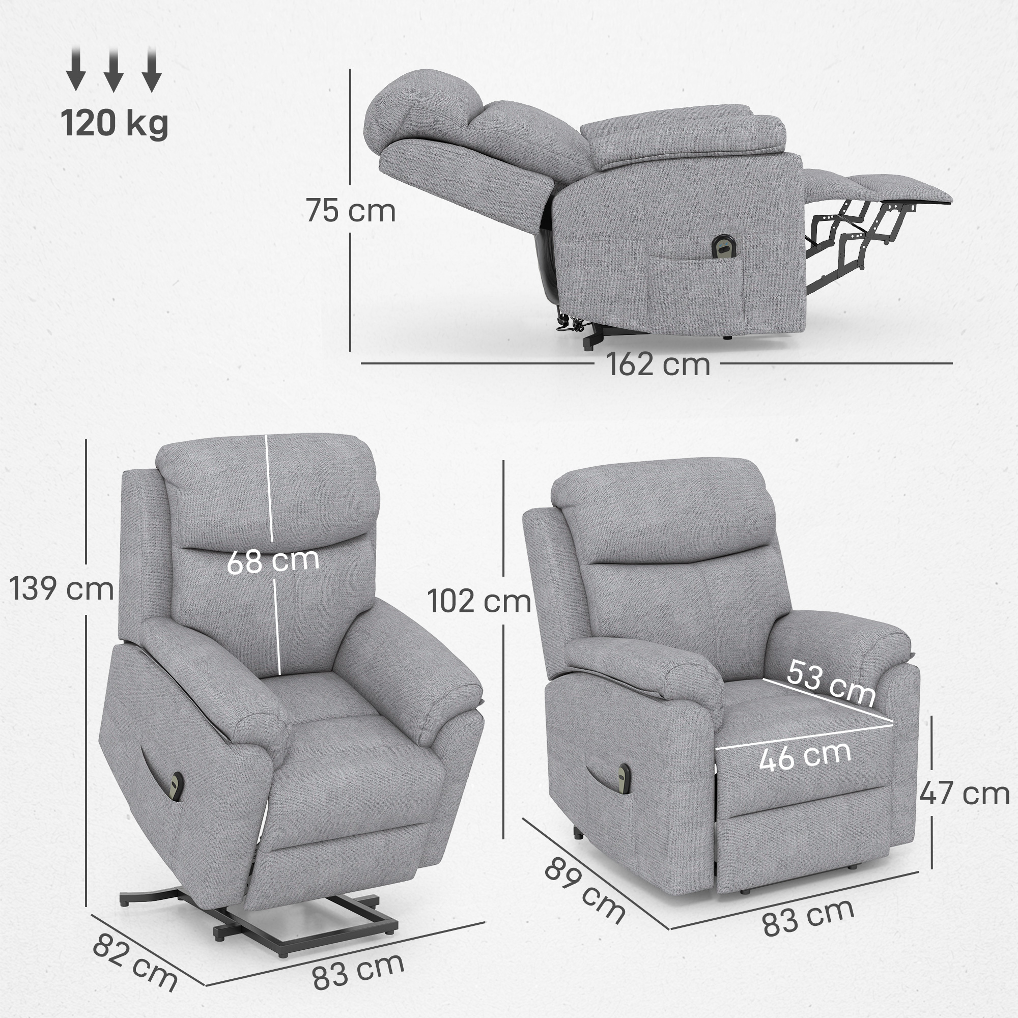 Elektrischer Aufstehsessel, Sessel mit Aufstehhilfe, Relaxsessel mit Schlaffunktion, Leinenoptik, 83 x 89 x 102 cm, Grau
