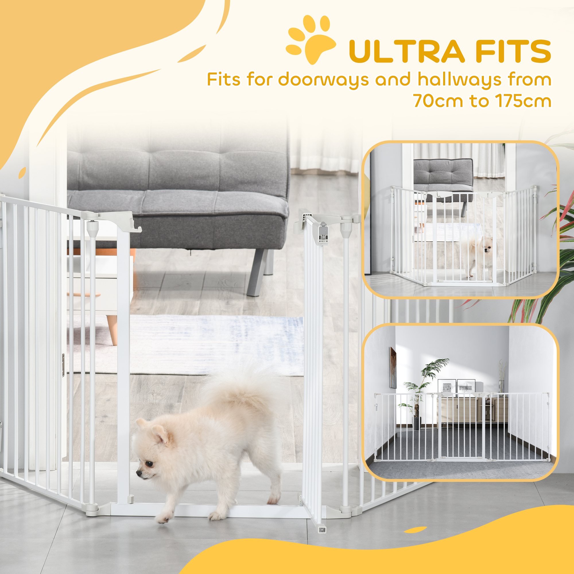Absperrgitter Hund Freistehendes Schutzgitter 180 x 74,5 cm Hundegitter Klappbar Türschutzgitter Treppengitter Hundeabsperrgitter für Treppen, Türen, Küche, Flur, 3 Paneelen, Weiß