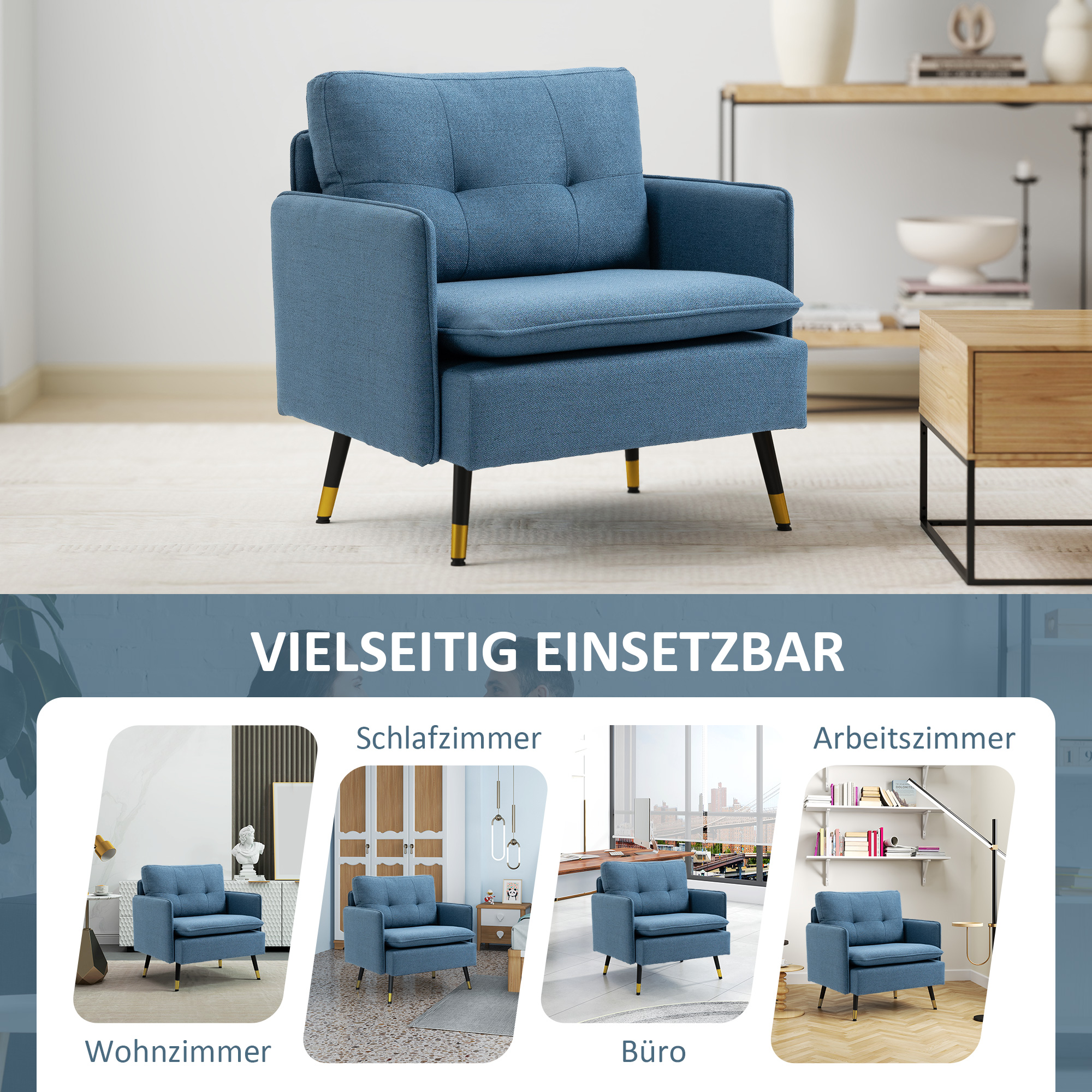 Akzentsessel mit Knopfheftung, Polstersessel, abnehmbare Polster, Schwarz + Gold + Blau