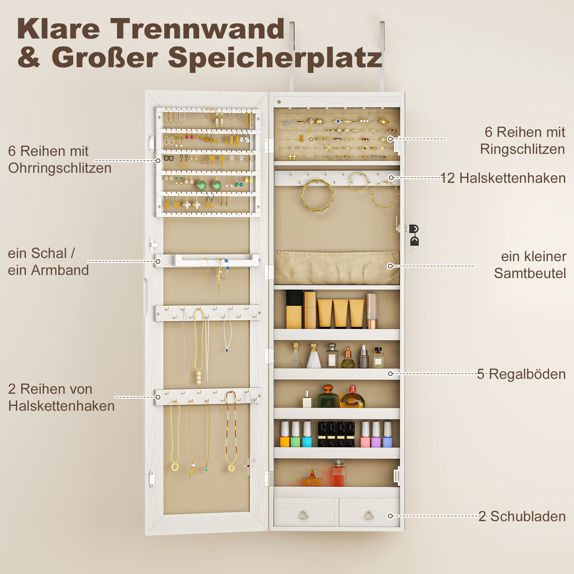 Schmuckschrank mit LED Spiegelschrank Wandschrank Wand-/Türmontage MDF