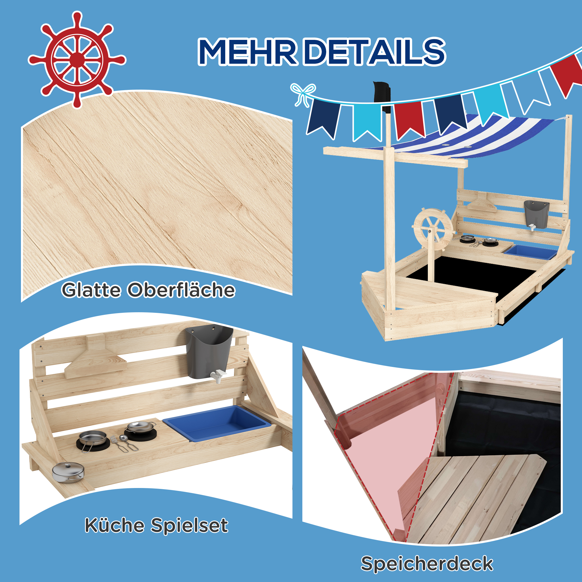 Sandkasten mit Sonnendach Piratenschiff, inkl. Kinderküchenspielset, Massivholz, 180 x 103 x 144,5 cm, Natur + Blau