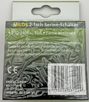 MILOS Serien-Schalter 2-fach, Anthrazit / 250V~/ 10A, inkl. Rahmen, UP